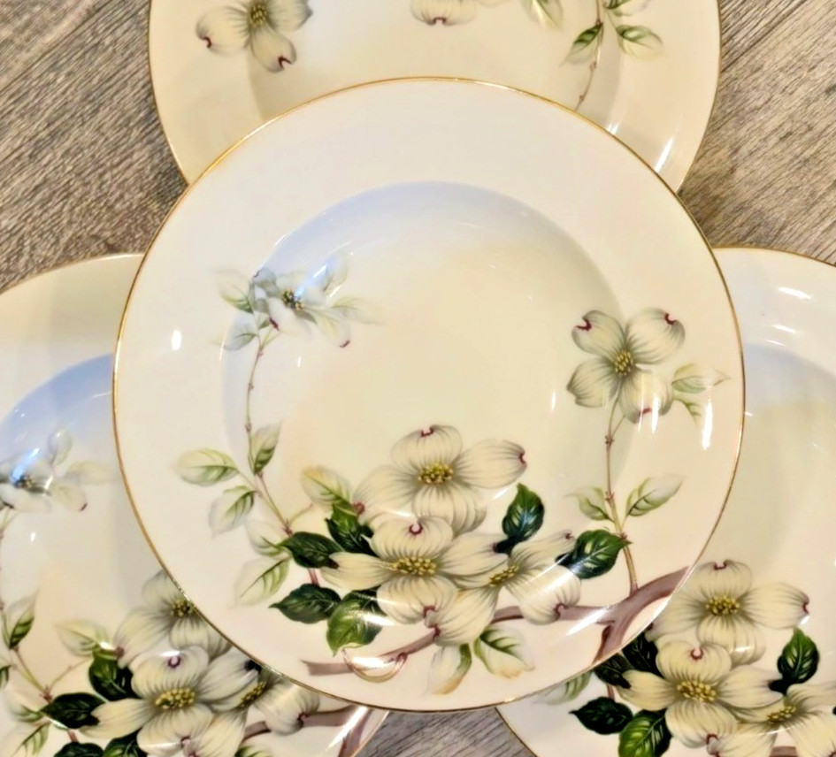 Vintage Dogwood floral Rimmed Soup Bowls Livonia Meito made in Occupied Japan x4