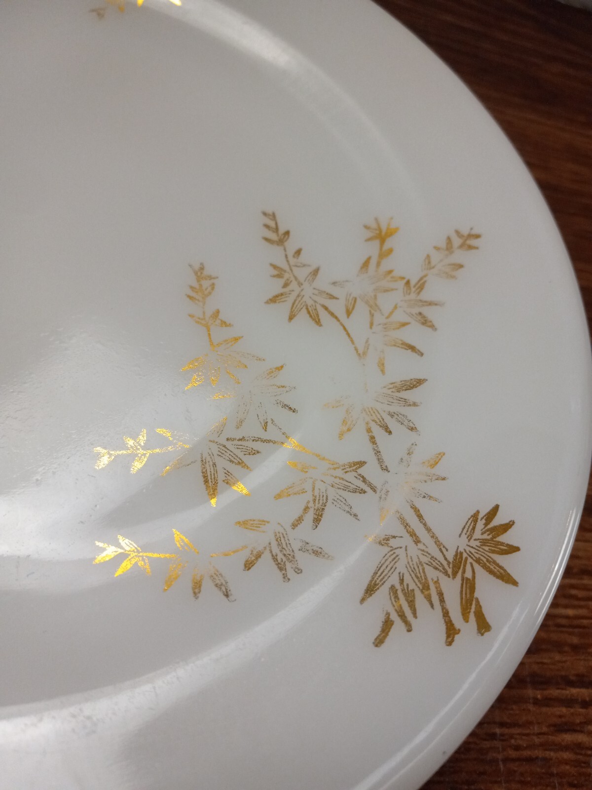 Federal Plates Lot of 8 Milk Glass Gold Accent Salad Saucer Heat Proof Floral