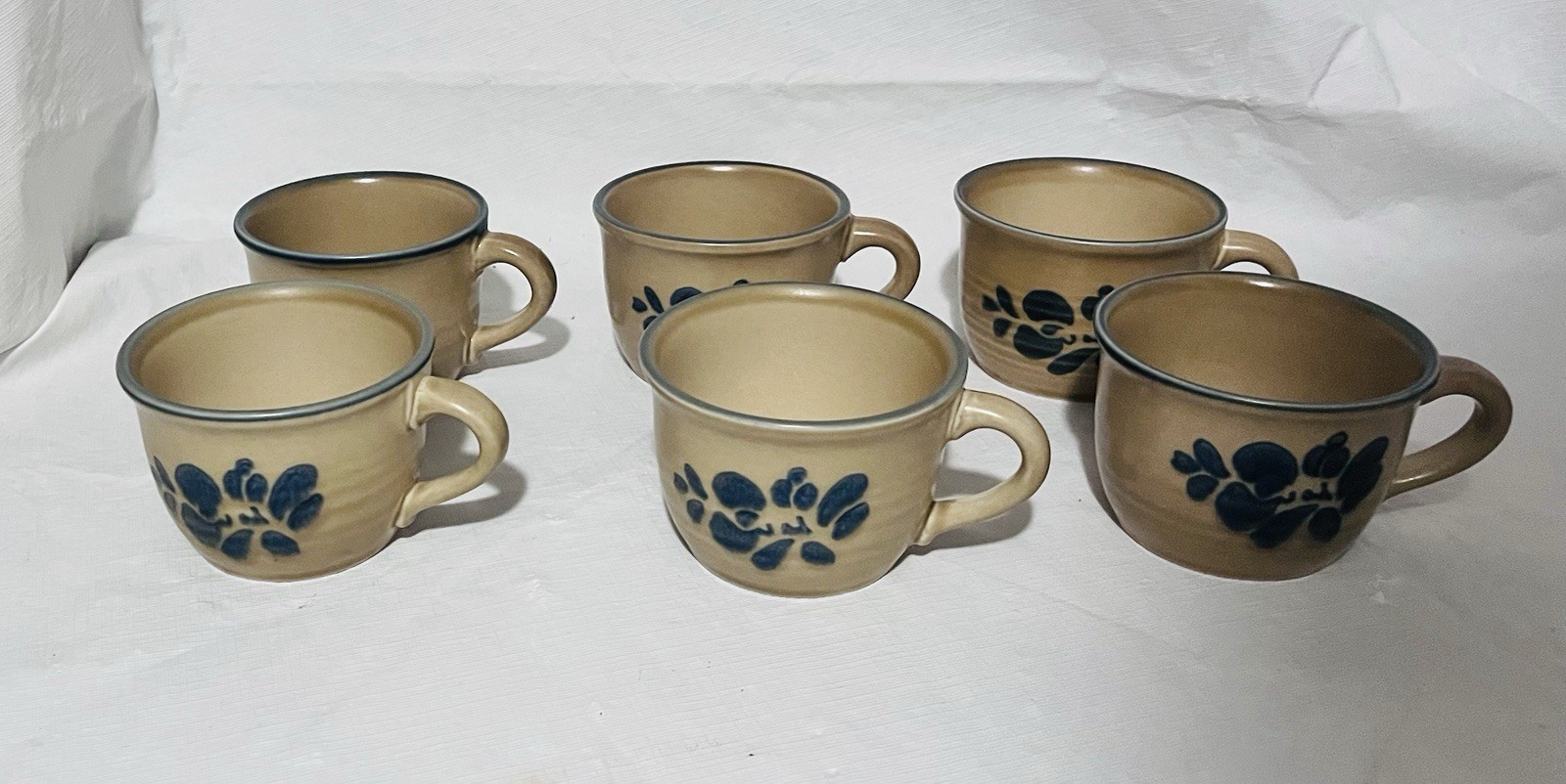 6 Vintage Pfaltzgraff Folk Art Coffee Cups / Mugs Tan with Blue accents