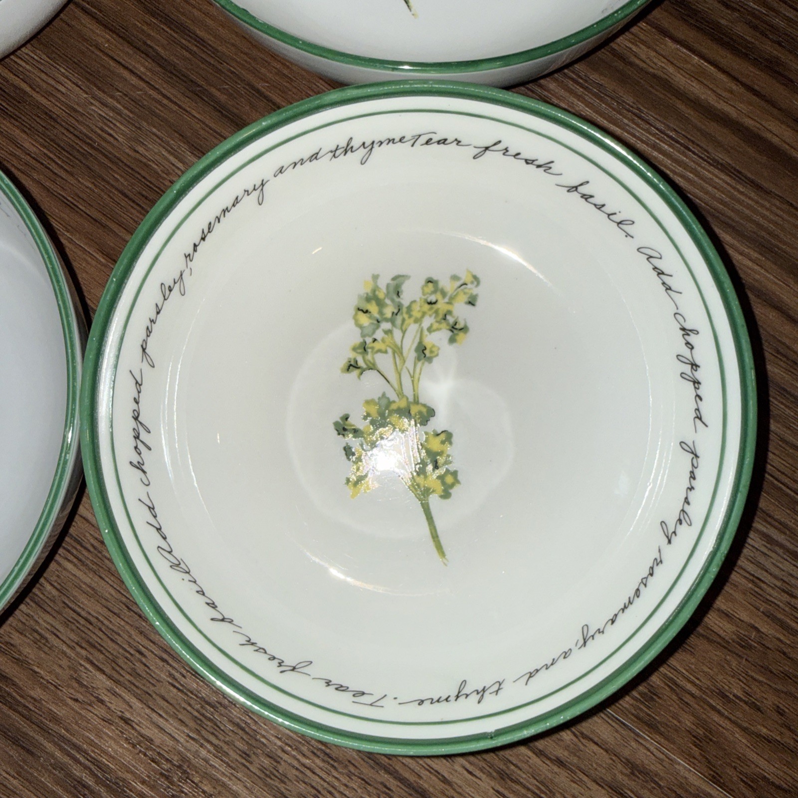 Gibson Herb Gardens Bowl Set: 4 bowls 7.25in and 1 bowl 10in Recipe Script Rim