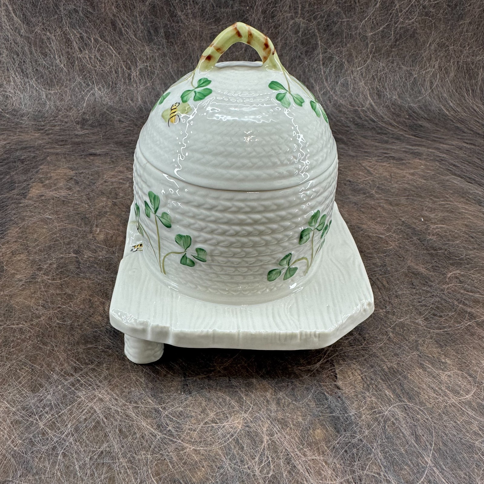 Belleek Honey Pot Jar with Spoon; Basketweave, Shamrocks, Bees