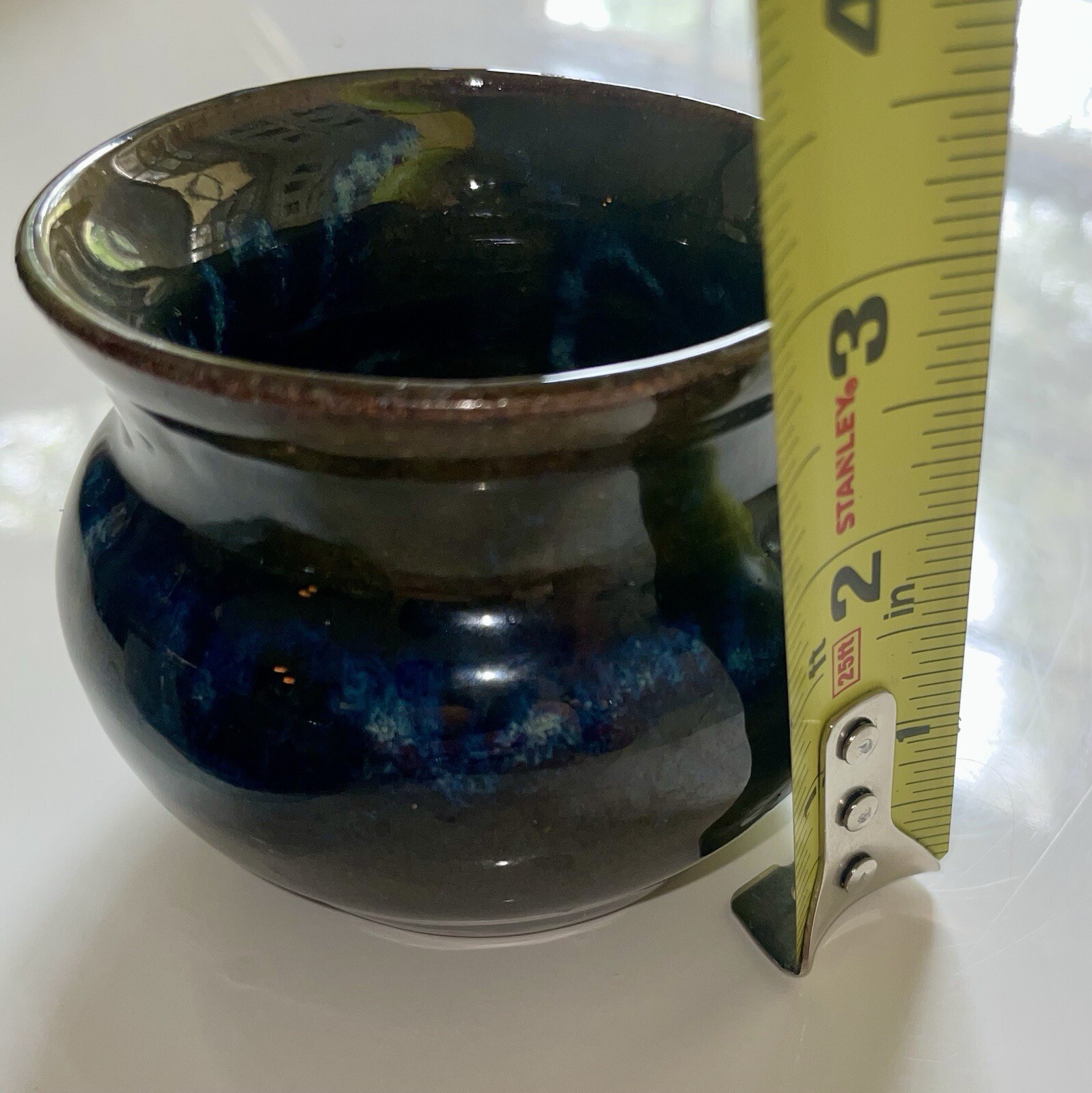 2 Pc Signed Studio Pottery Planter / Saucer Moody Blue Drip Ceramic Hand Thrown