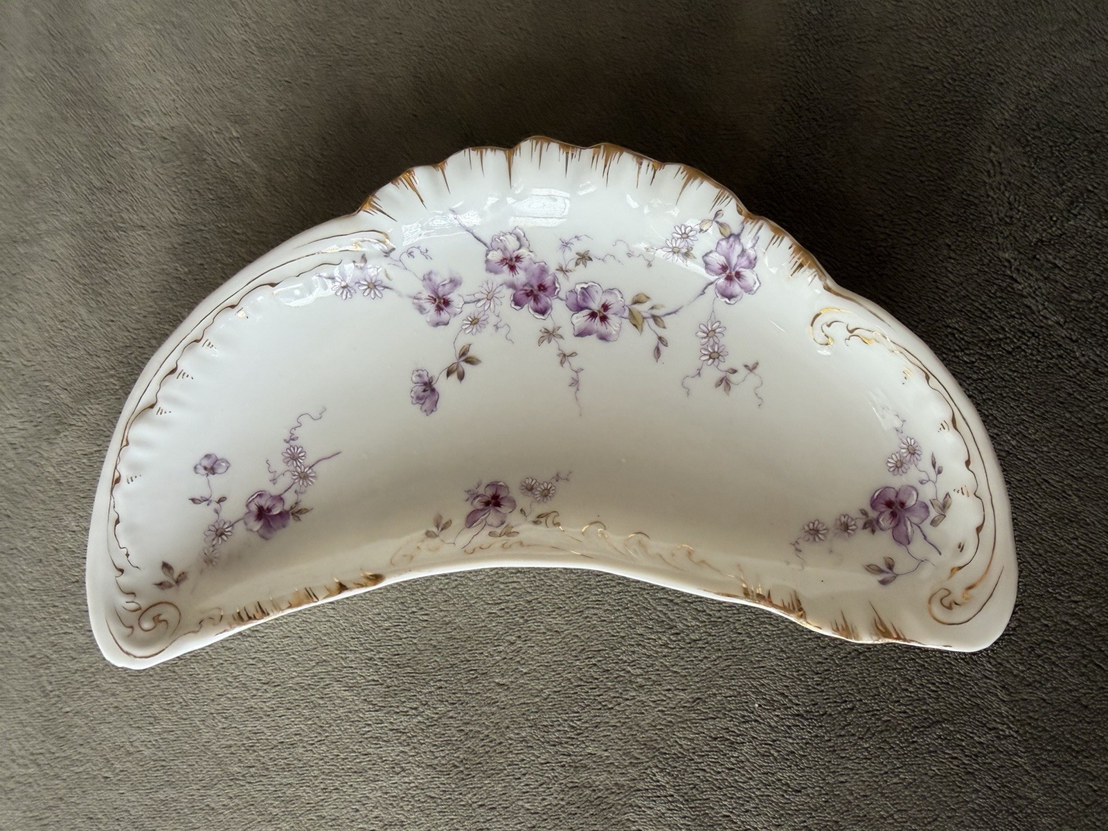 H&C Louis XIV Crescent Porcelain Dish White Purple Floral Gold Trim Decorative