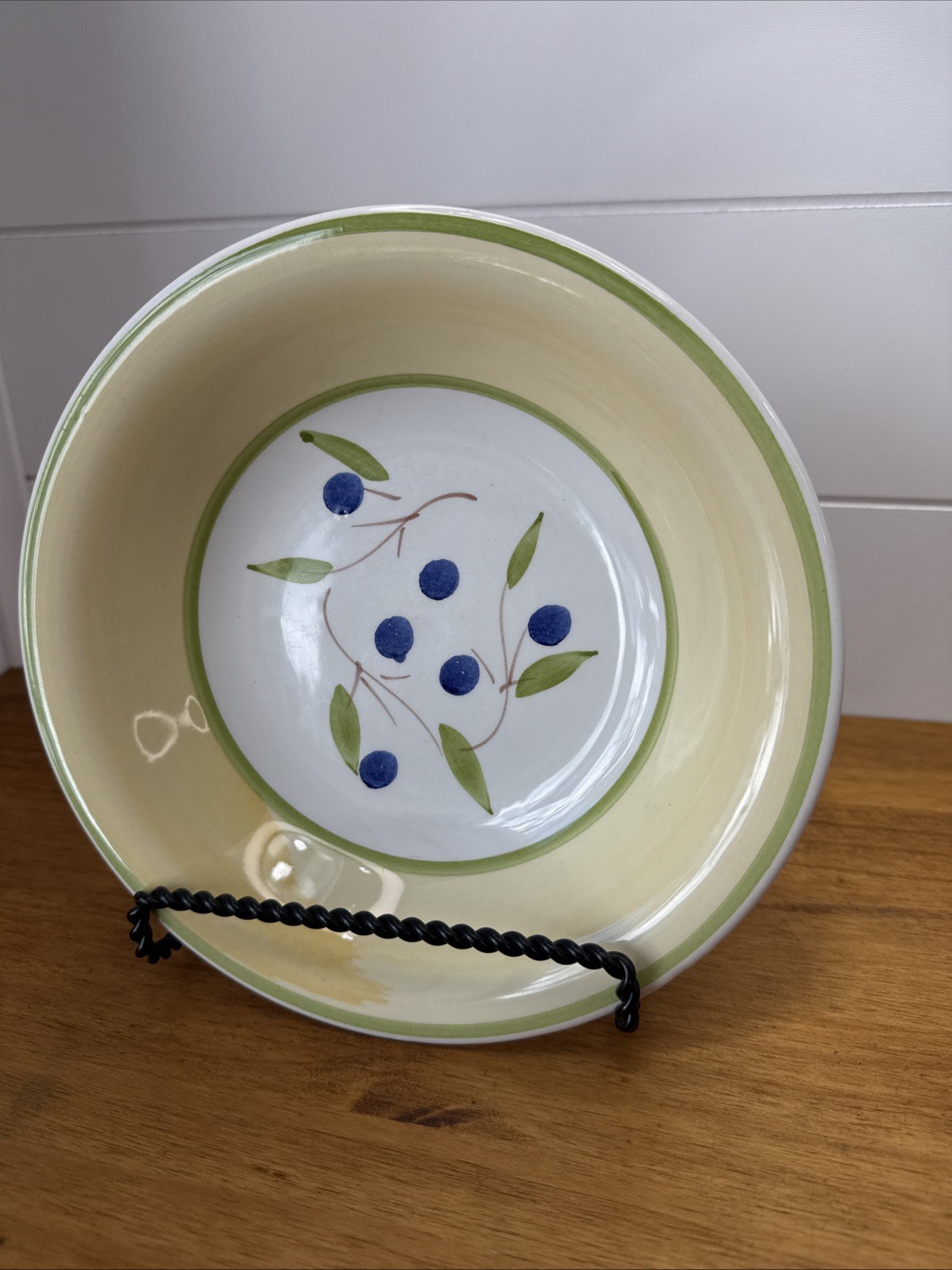 Vintage CMS Italy Hand Painted Blue Berry Bowl 8.25” Yellow Green Rim