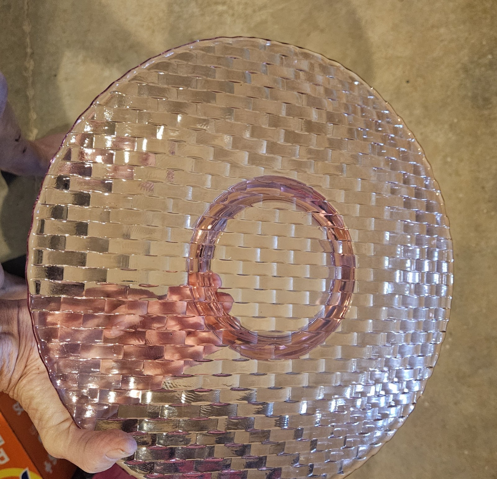 13″ Round Pink Depression Glass w/ Diamond Quilted pattern. By Imperial Glass Co