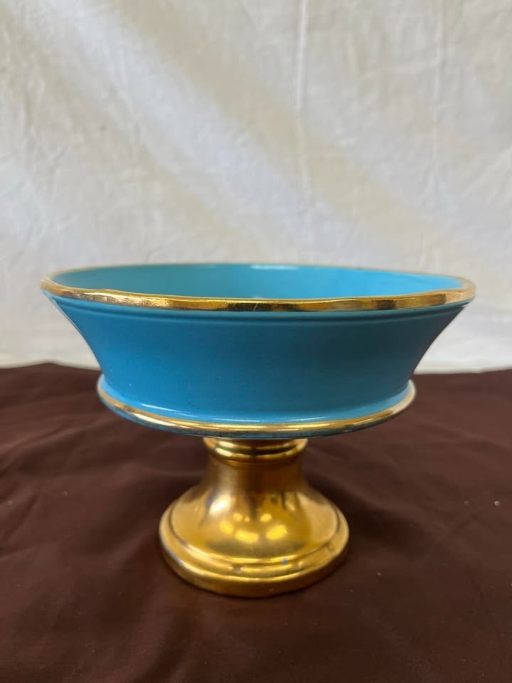 Blue Gold Pedestal Compote Bowl Footed Centerpiece Candy Dish MCM Regency