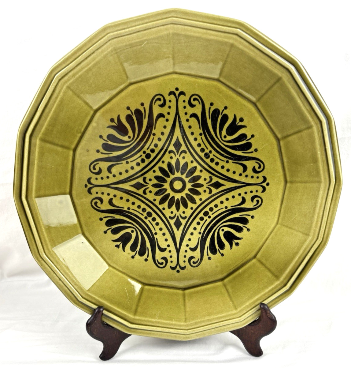 VTG RARE (4) Laughlin Bravado Olive Green Dover Ironstone 12″ Chop Dinner Plates