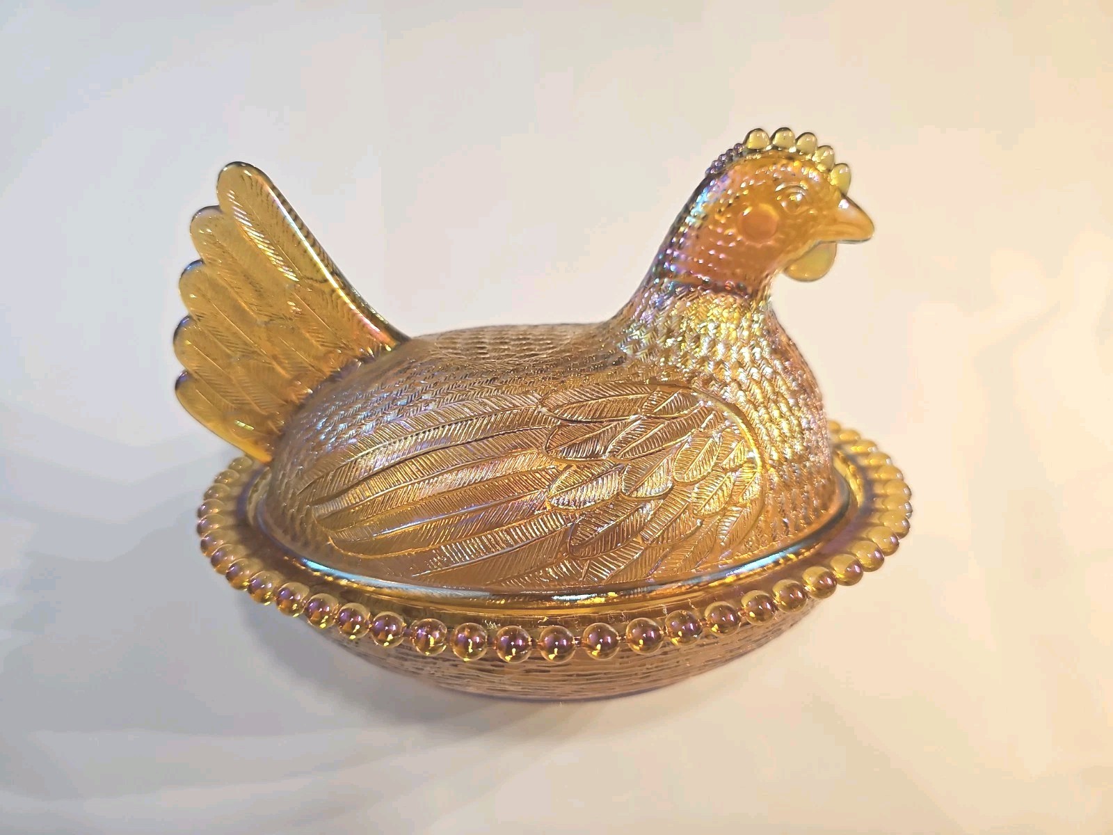 Vintage Indiana Golden Carnival Glass Hen on Nest Dish w/ Lid Oval Beaded Base