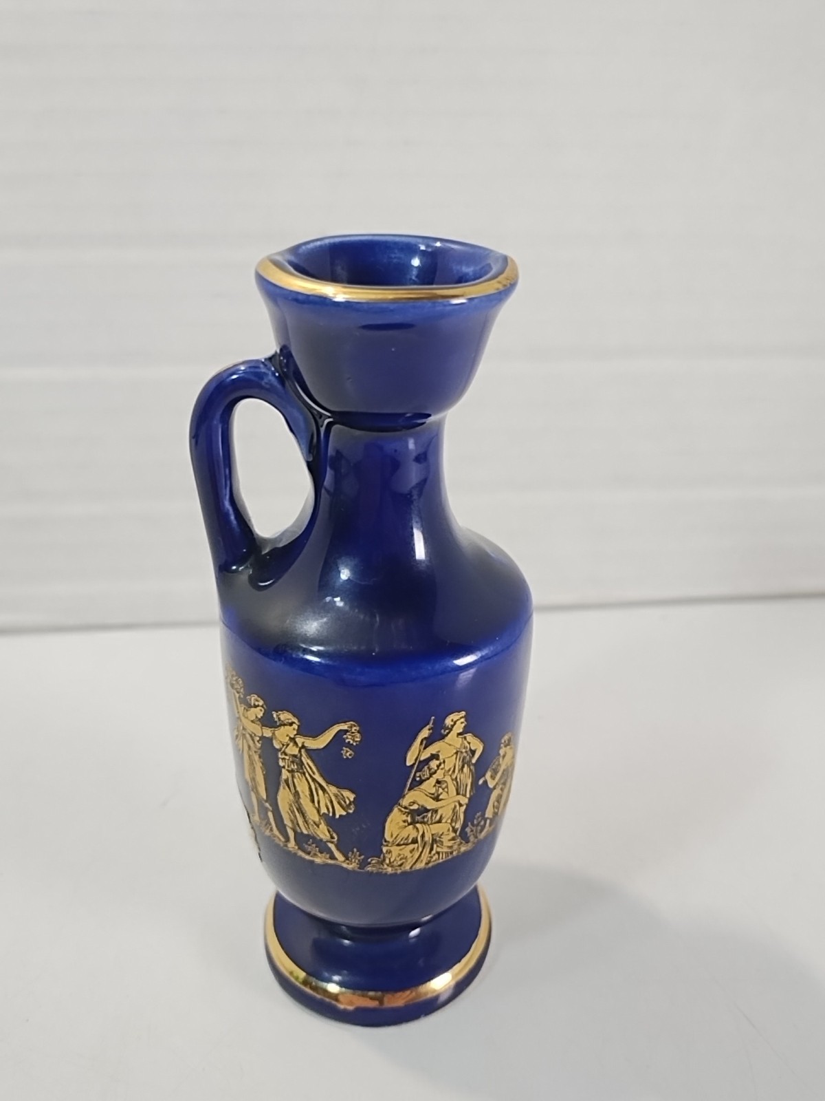LIMOGES Porcelain Miniature Vase Greek Style Blue/ Gold 4.25” Pitcher w/ Handle