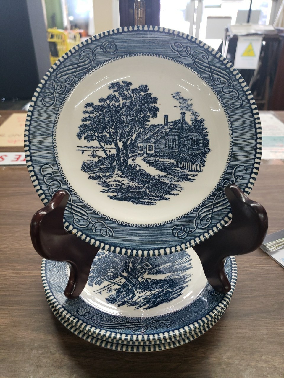 Currier & Ives OLD GRIST MILL Blue 4 Salad / Bread PlateS by Royal China USA