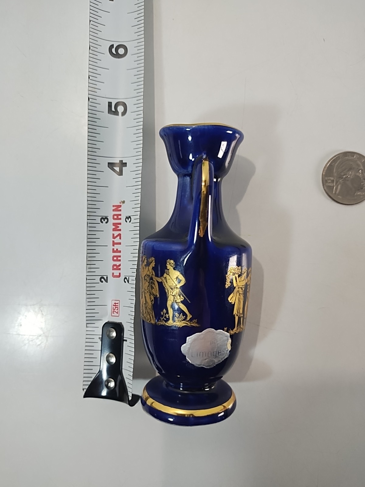 LIMOGES Porcelain Miniature Vase Greek Style Blue/ Gold 4.25” Pitcher w/ Handle