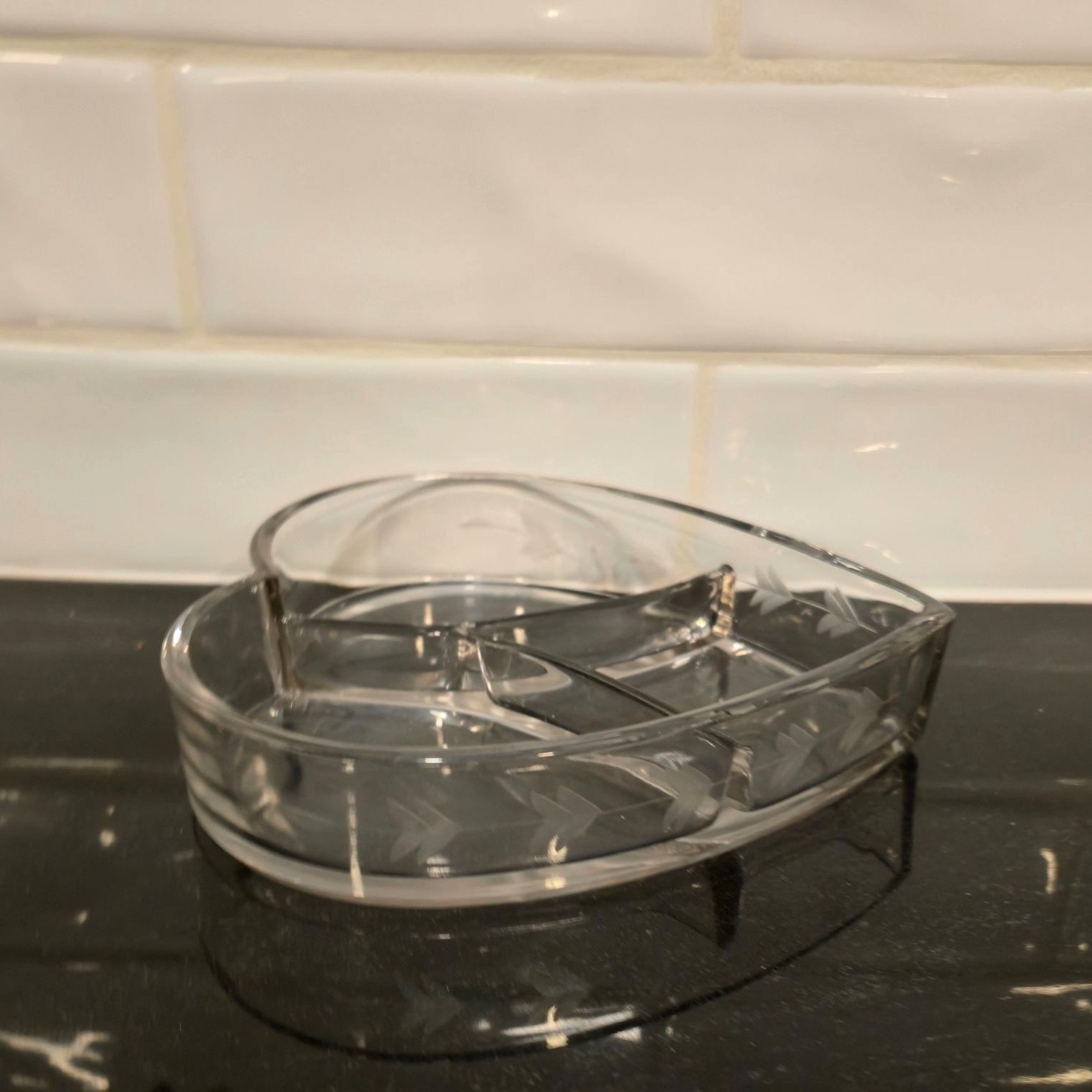 Vintage etched crystal Heart shaped Candy dish relish divided Valentines day