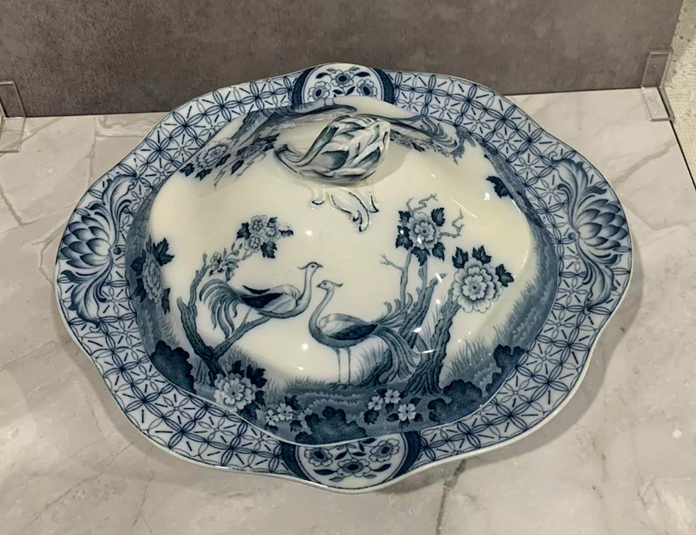 Antique Johnson Bros MONGOLIA Gray Blue Transferware Oval Covered Serving Bowl