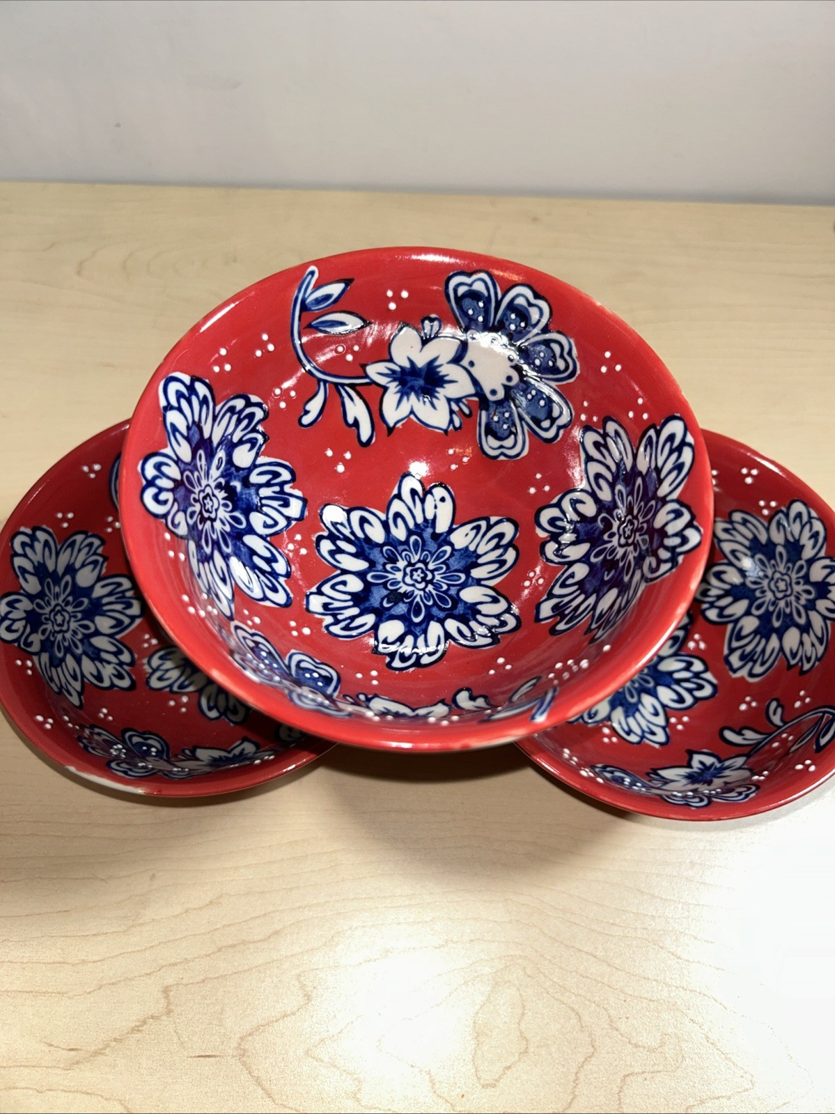 3 Yokohama Studio Hand Painted Red White Blue Flowers Rice Noodle Bowls 6″