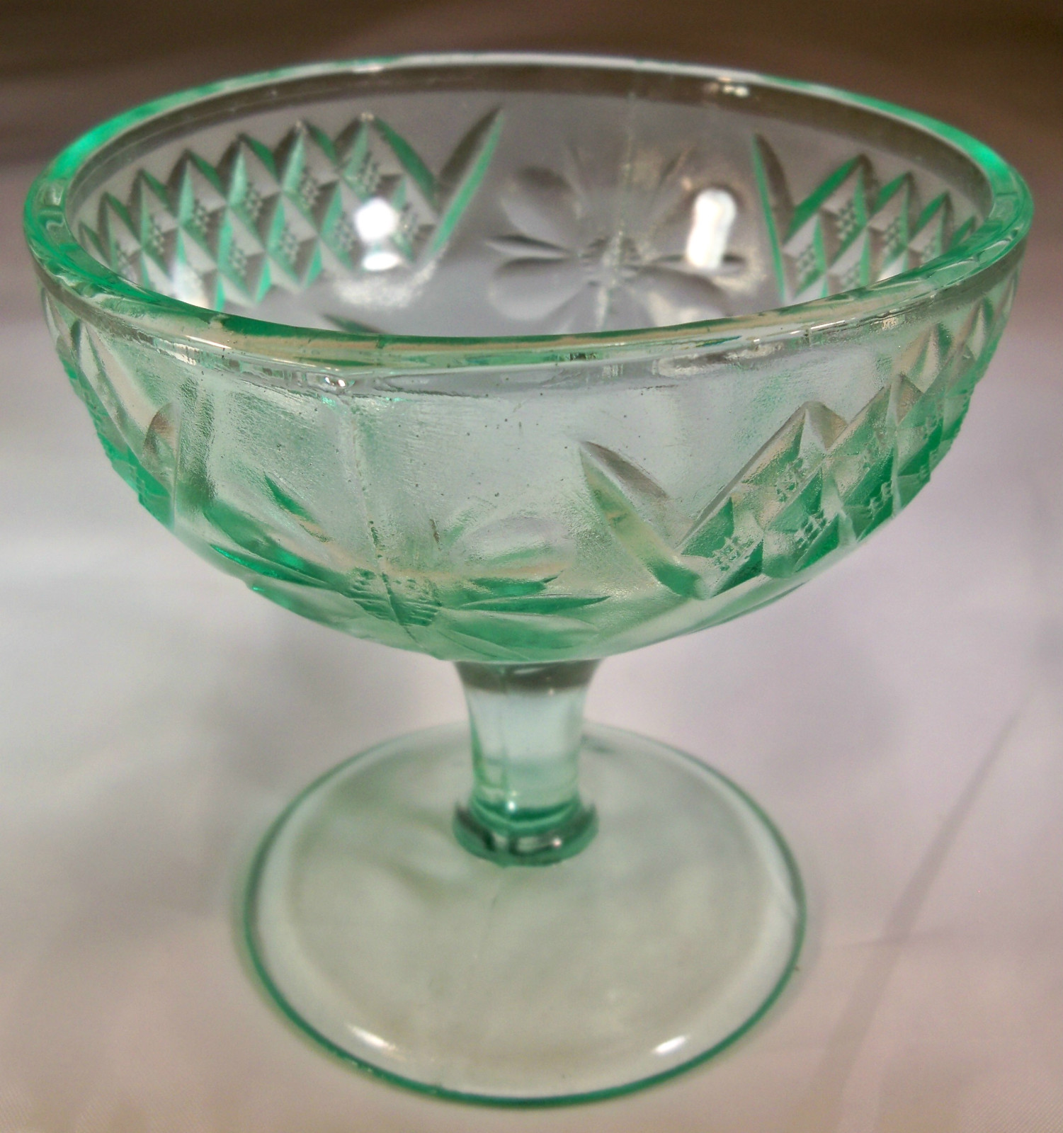 U.S. GLASS CO. FLORAL & DIAMOND BAND VASELINE GREEN FOOTED SHERBET or DESSERT!