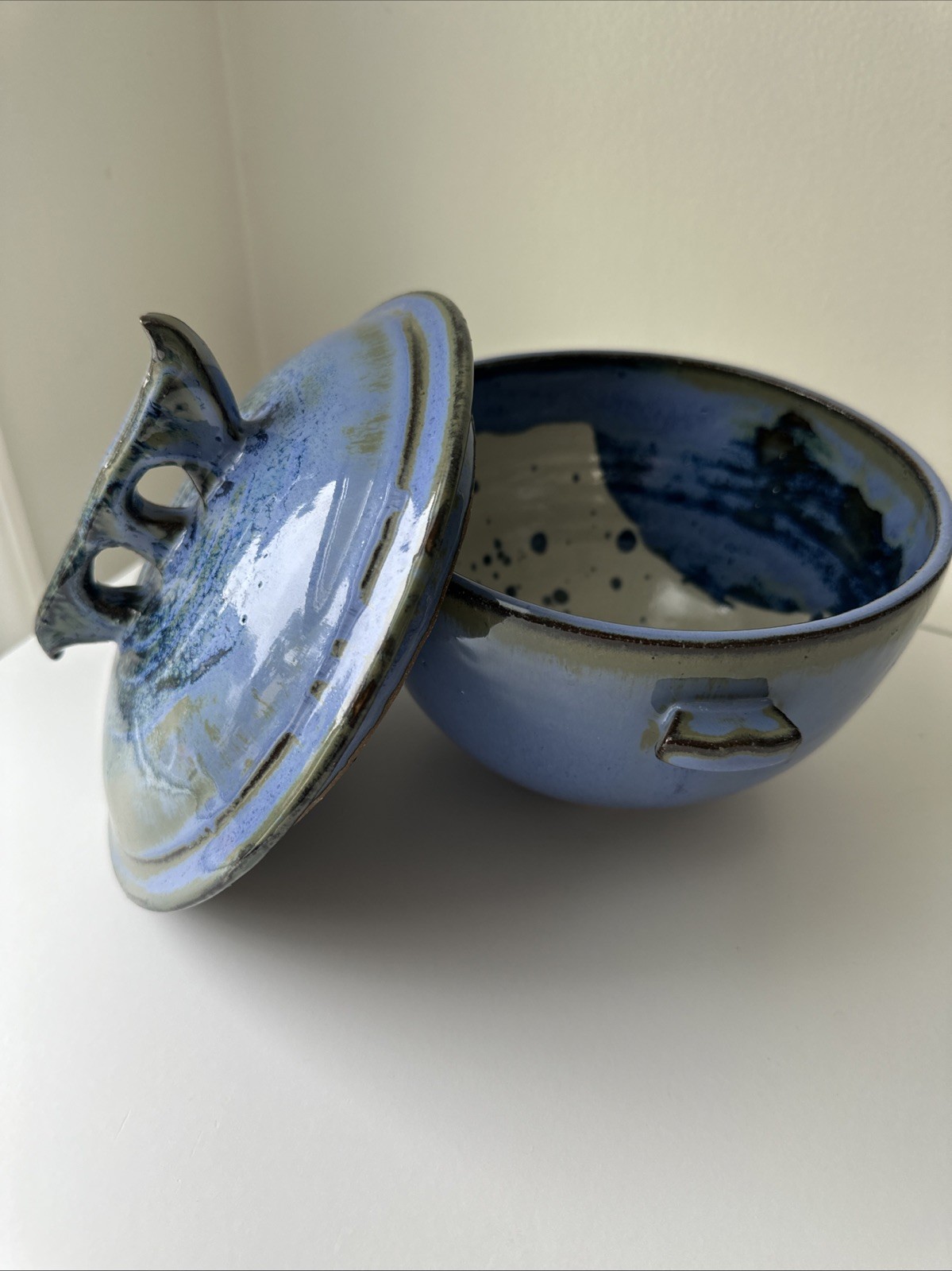 Vintage Studio Pottery Covered Bowl Blue Glaze Handmade Ceramic Dish