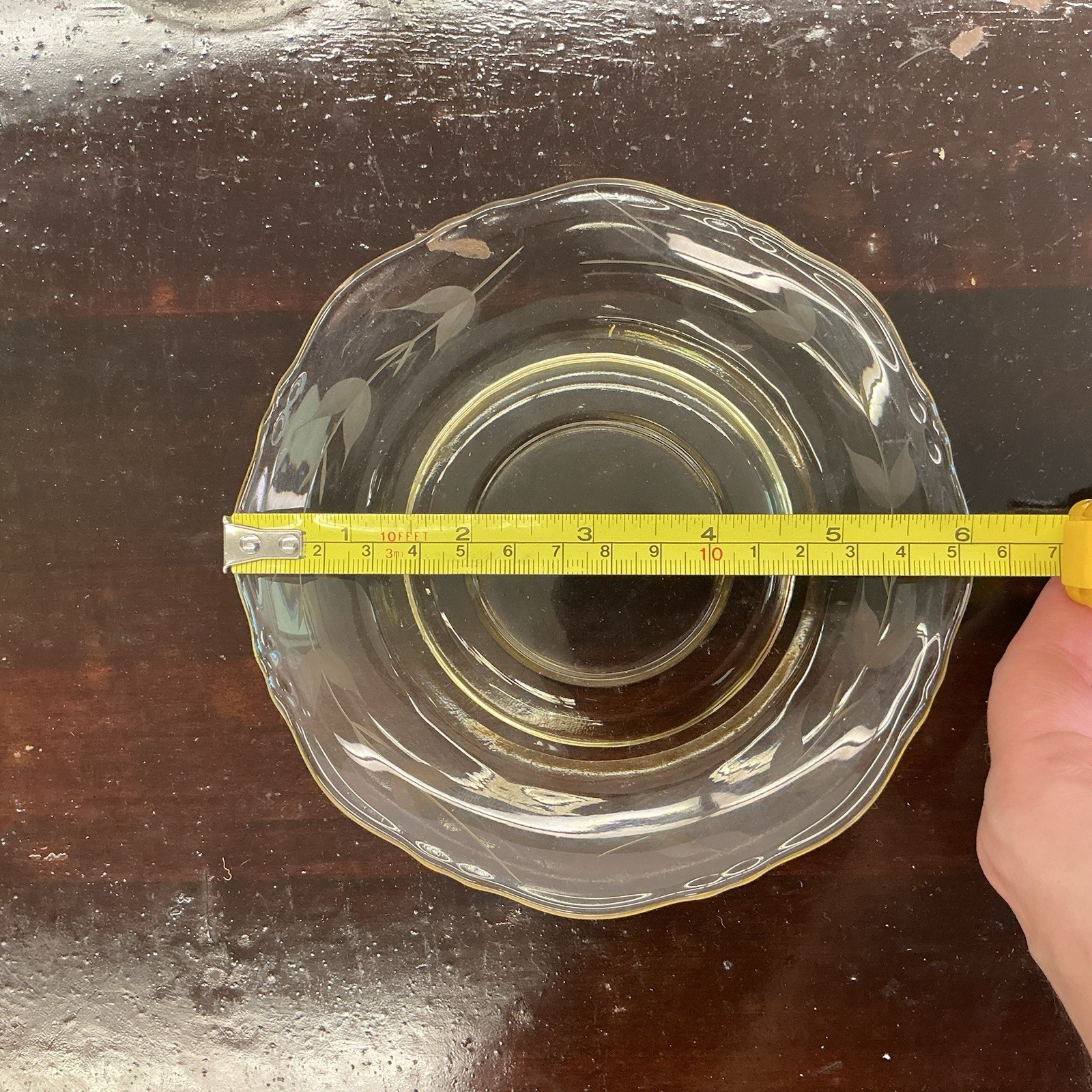 Etched Yellow Depresssion Glass Set Of 5 Cups And 7 Saucers