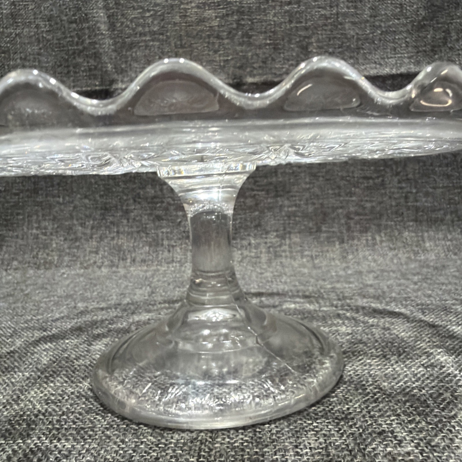 EAPG Bryce Higbee Melrose Cake Stand Sheaf and Diamond Clear Glass 1894 UV Glow