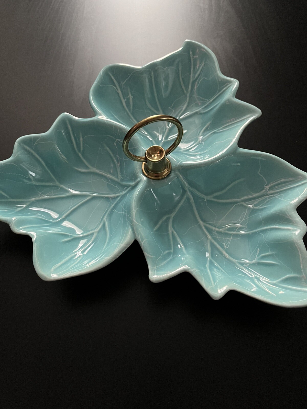 Vintage California USA Pottery 10-1/4” Divided Leaf Nut Dish Turquoise (V8)#10