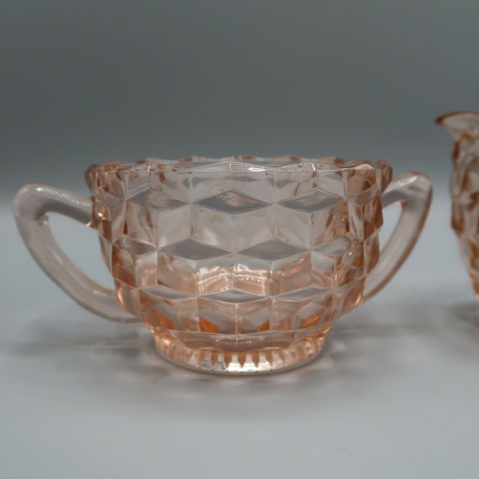 Vintage Jeannette Pink Depression Glass Cream Creamer Sugar Set Cube Cubist