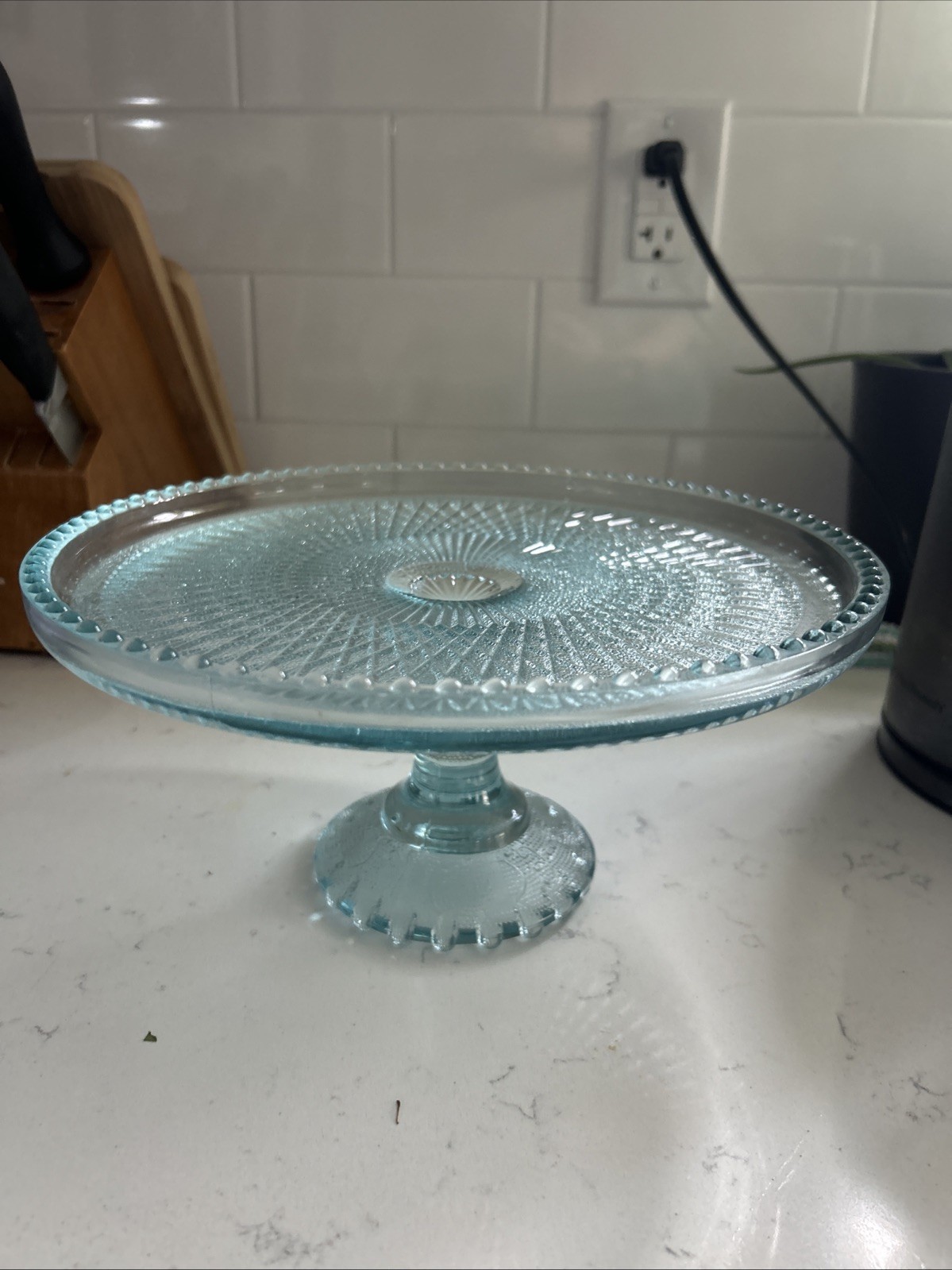 Vintage Jeannette Ice Blue Glass Harp Beaded Edge Pedestal Cake Stand 10”