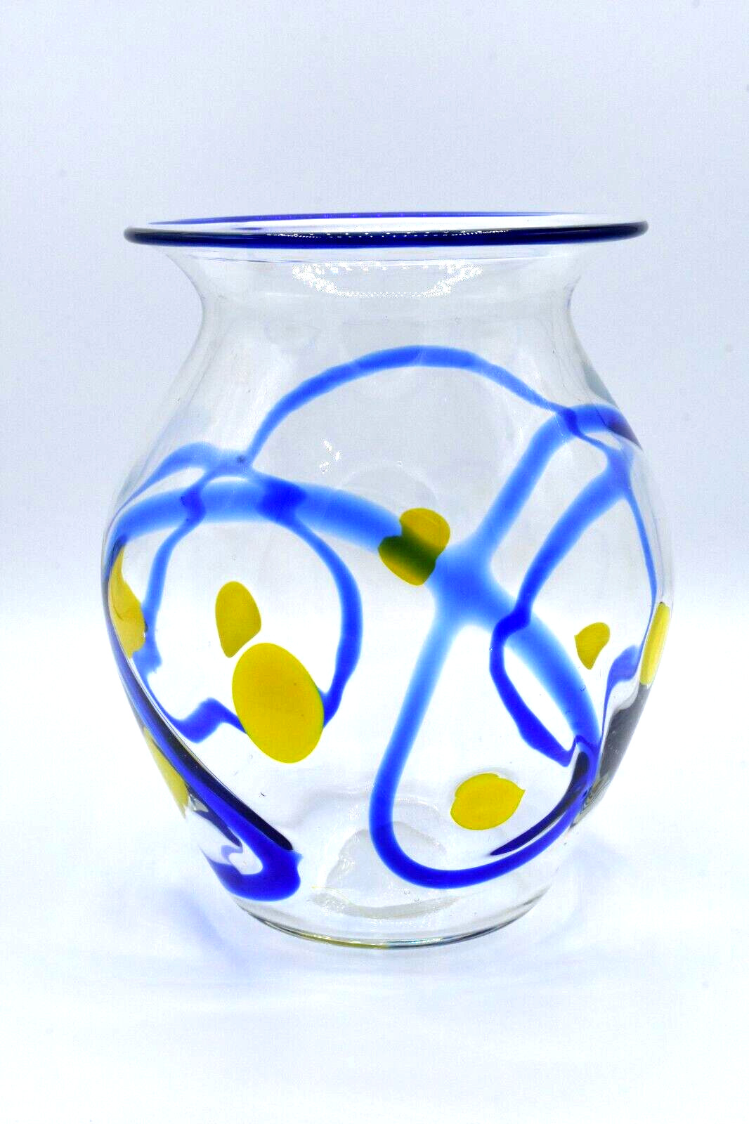 Hand Blown Art Glass Vase Clear with Cobalt Blue Swirls Yellow Spots Mexico?