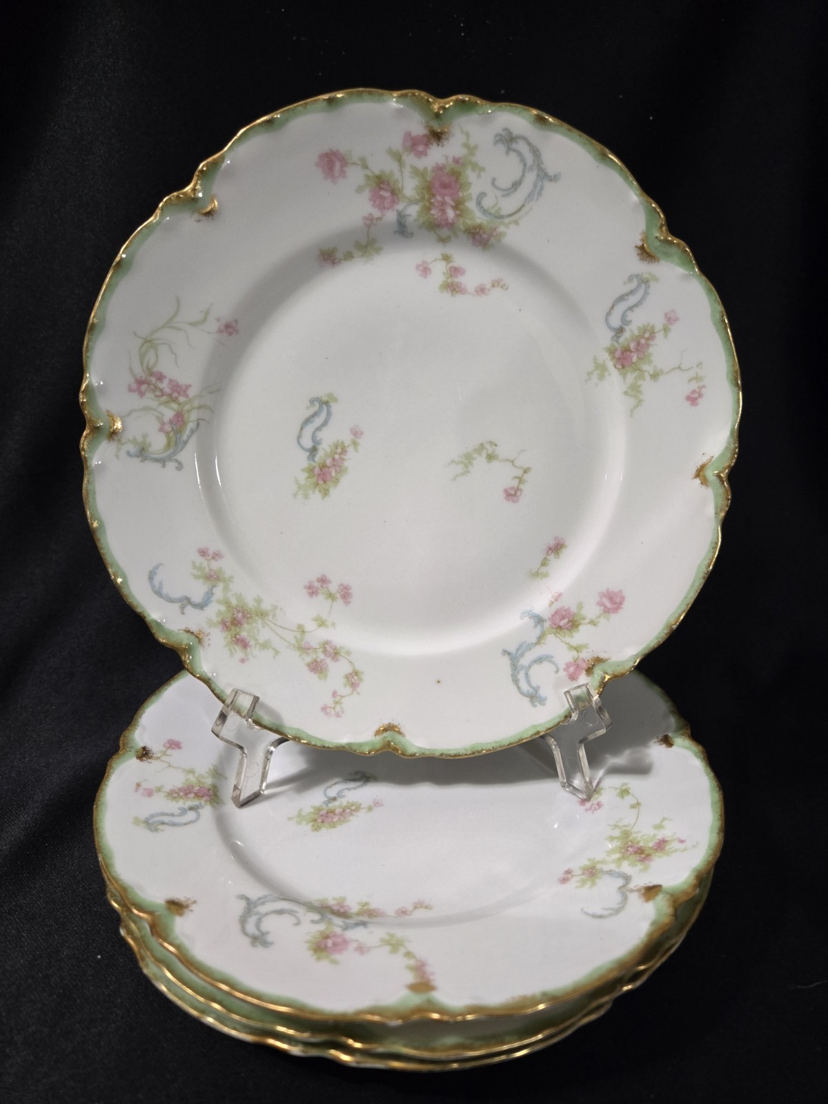 MINT ANTIQUE Haviland Schleiger 57H Limoges Roses Blue Ribbons 4 Salad Plates