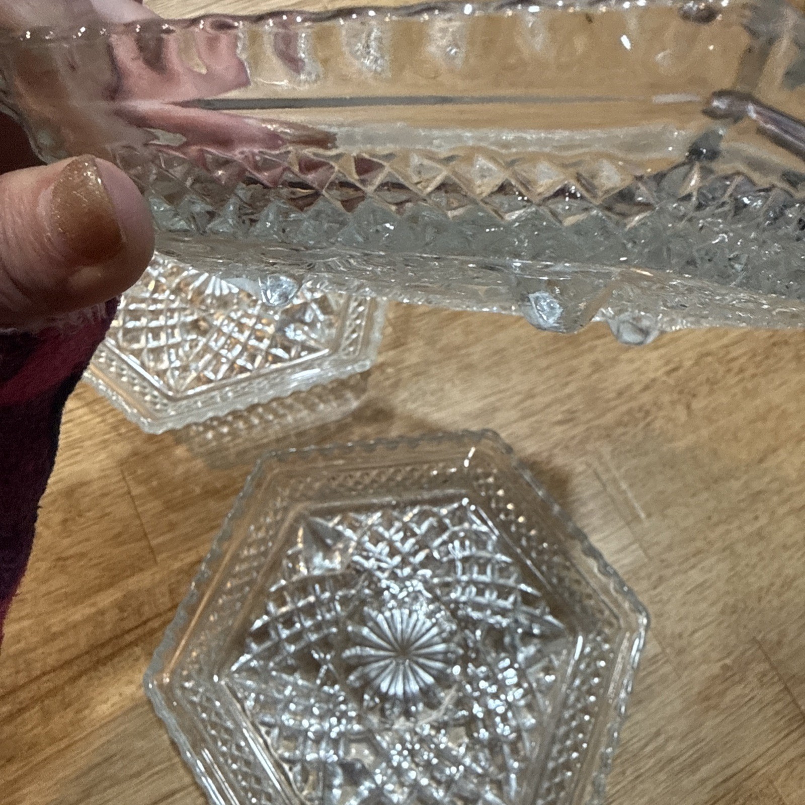 Anchor Hocking Wexford Diamond Glass Footed Hexagonal Shaped Dish Set of 3 ~1963