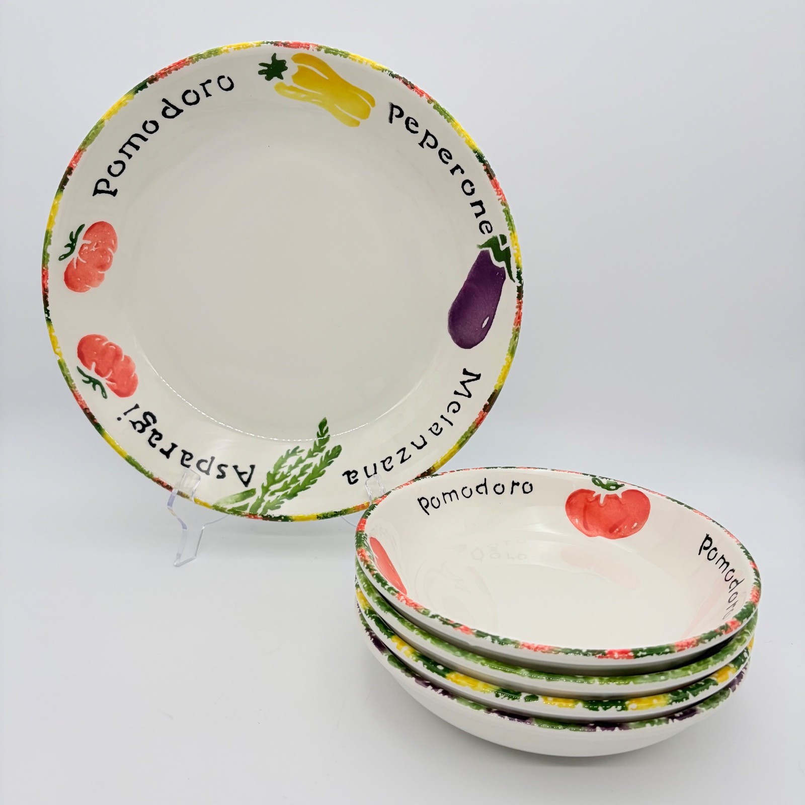 Pier 1 Pomodoro Pasta Bowl Set 5 Pc Italy Aglio Mixed Vegetables Hand Painted
