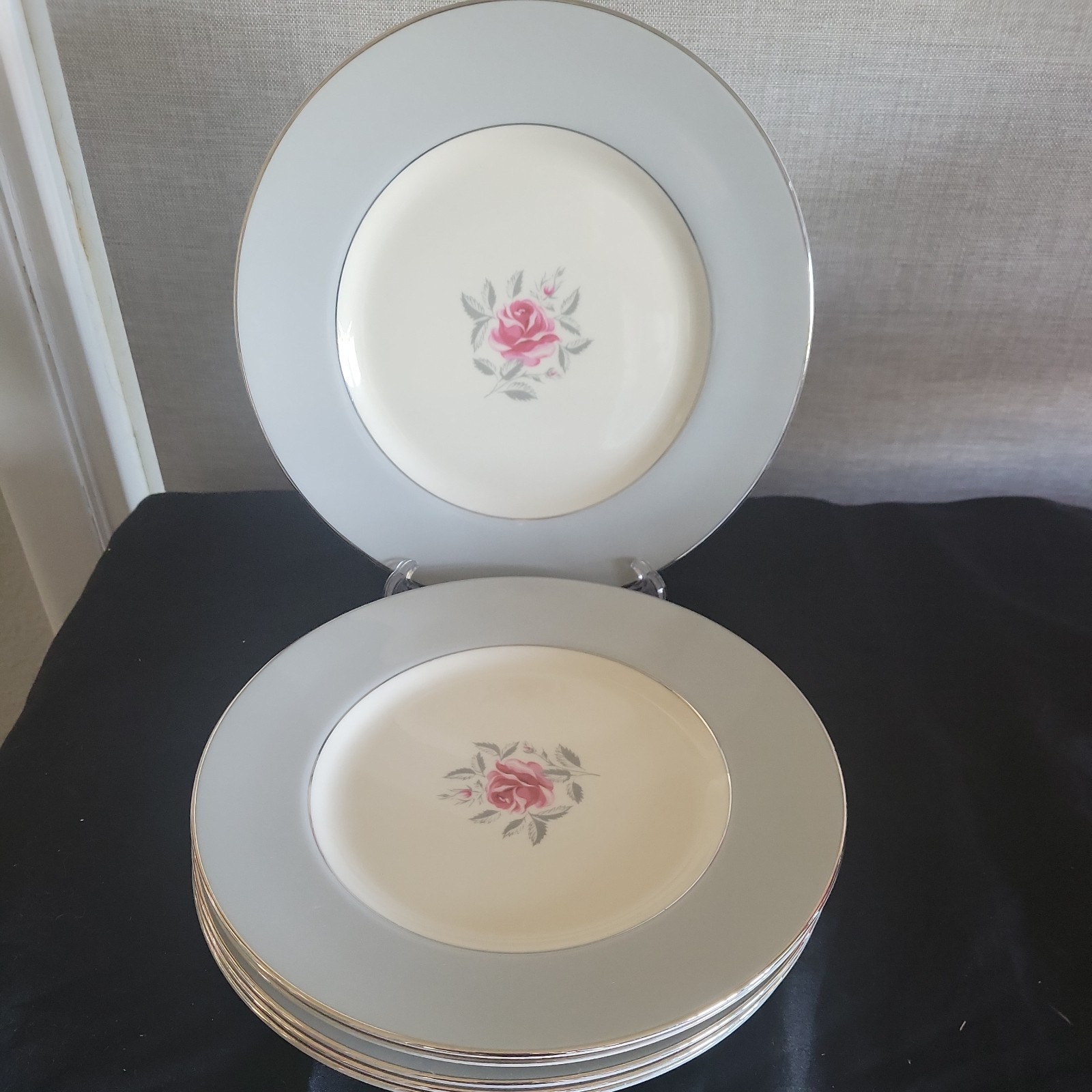Set of 6 Vintage Flintridge China Miramar Rose Platinum Rim 8.5″ Salad Plates