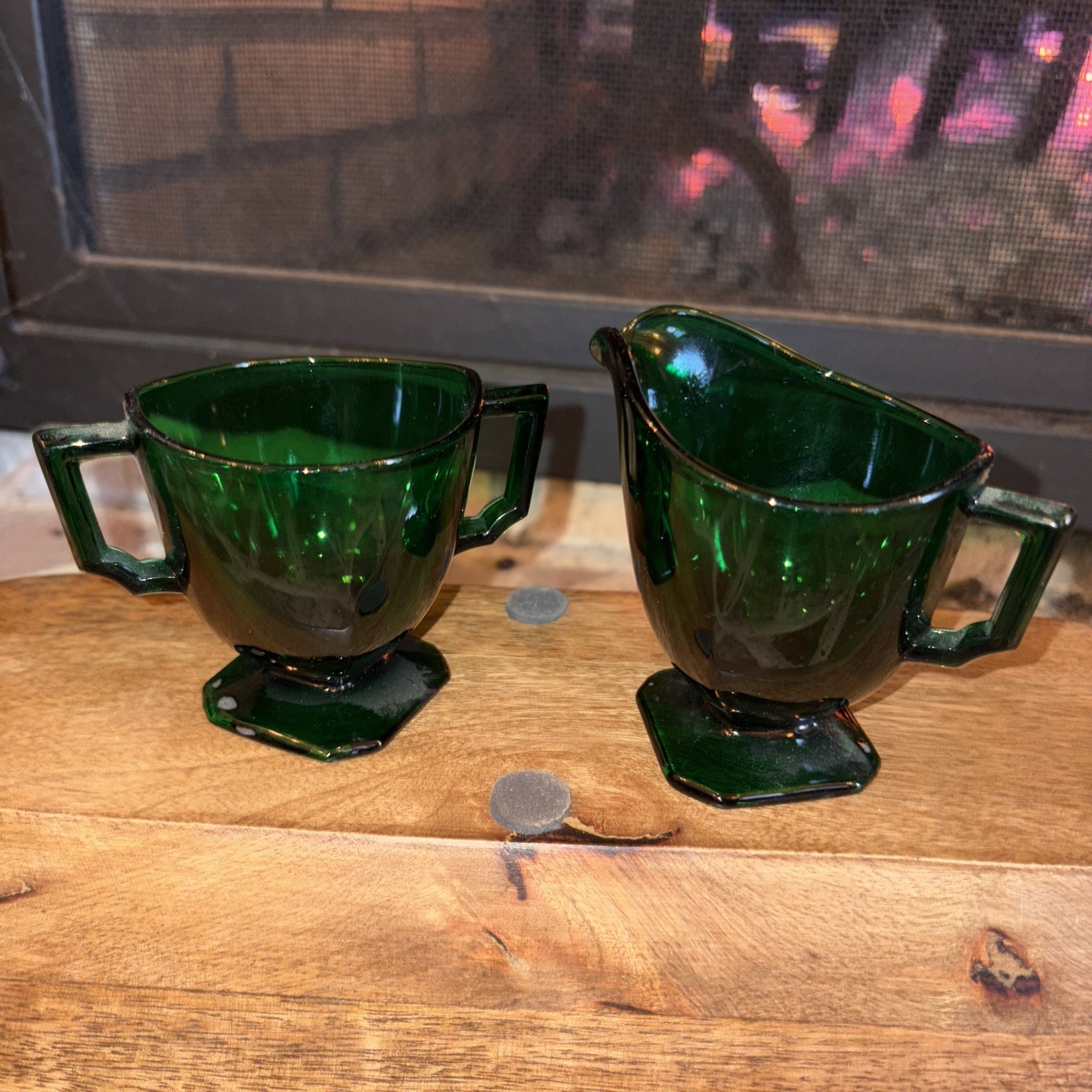 Fostoria Mayfair Dark Green Individual Creamer and Sugar Circa: 1930 – 1931