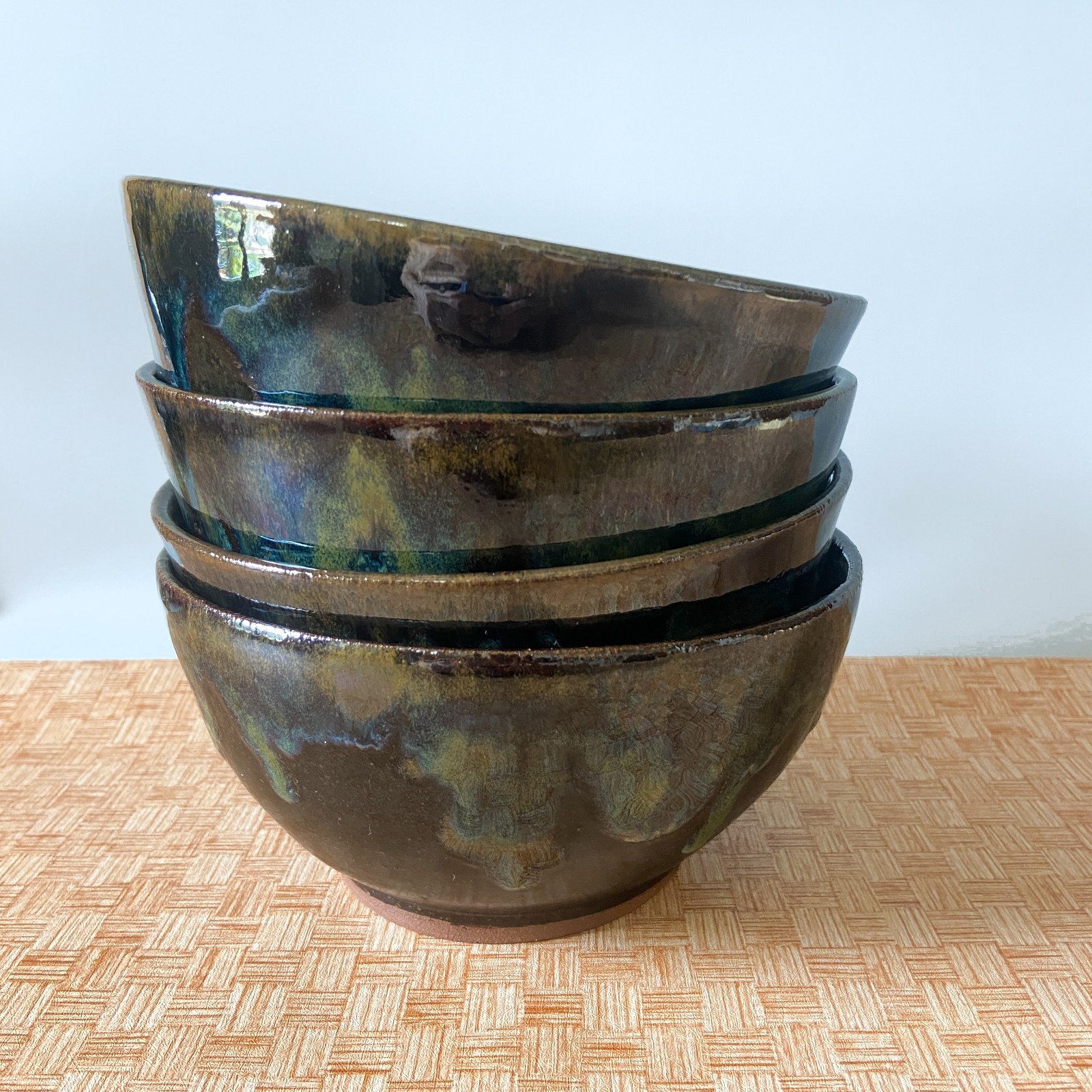 Wheel Thrown Cereal/Ramen/ Soup Bowl. Brown Green Hand-Made Pottery Bowl.