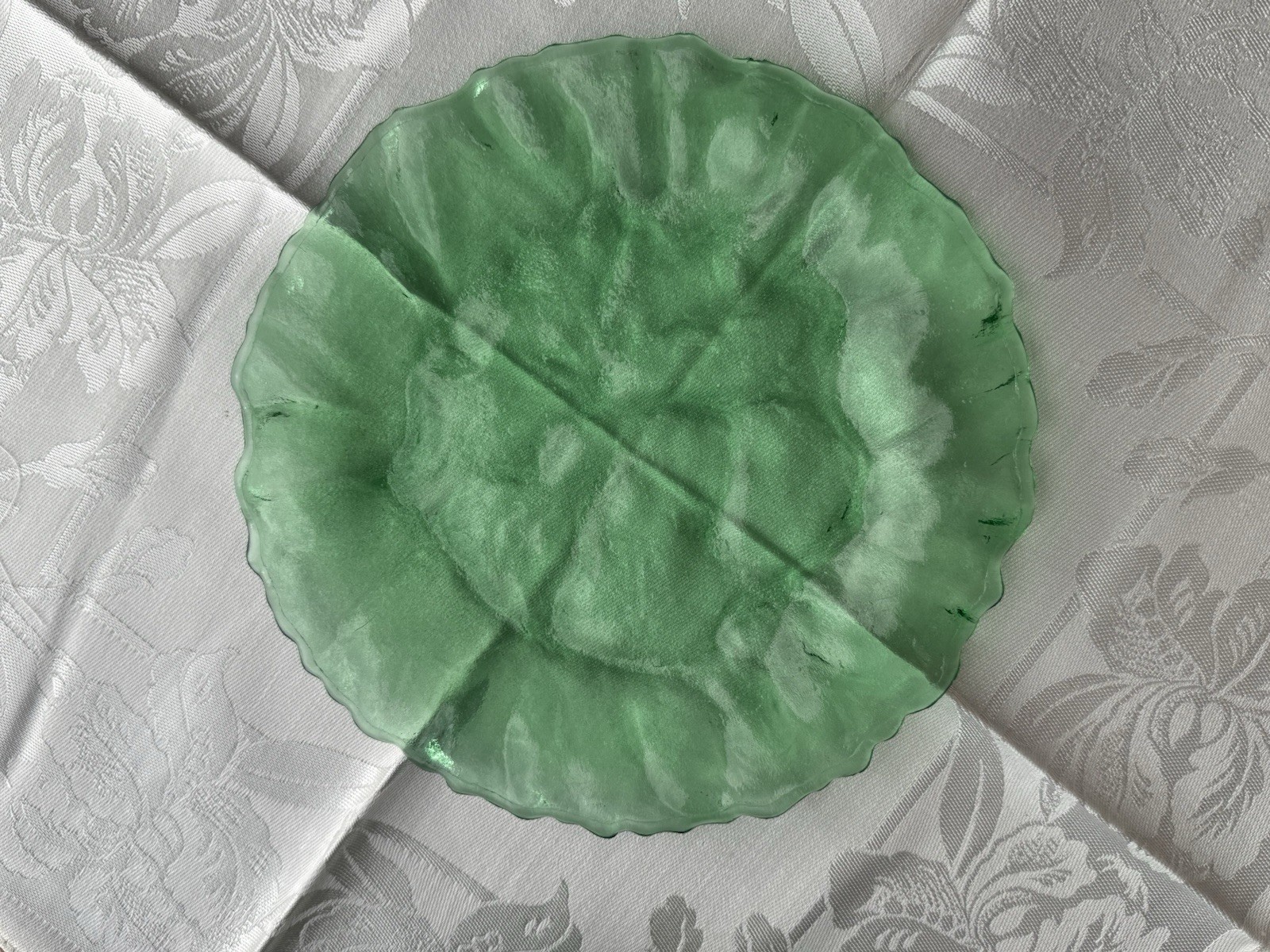 Vintage Morgantown Crinkle Glass Green Plates. 7 3/4 Inches diameter Set of 8
