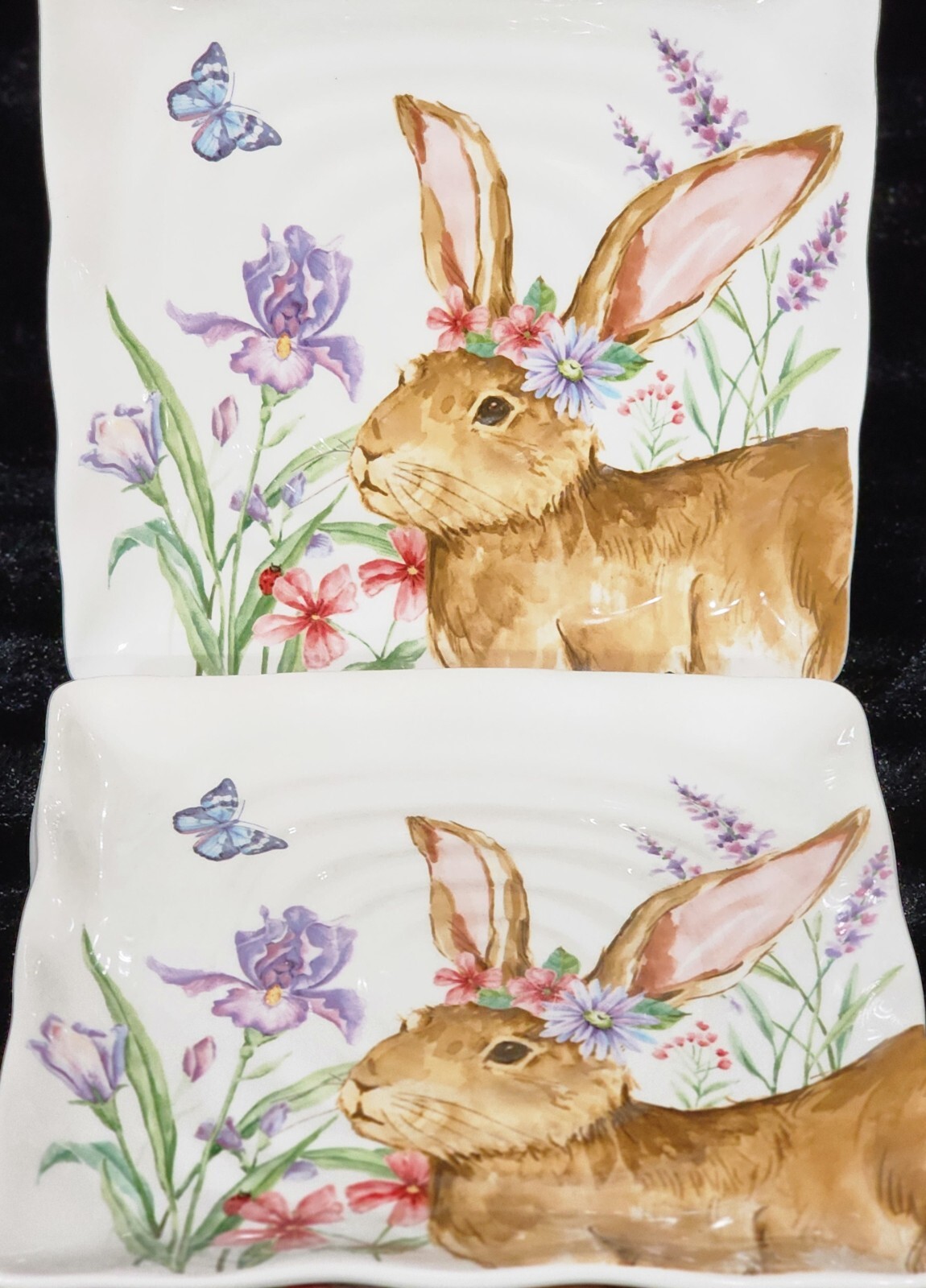 2 Easter Bunny Square Salad Plates Floral 8.75″ Ceramic Maxcera Flower Crown