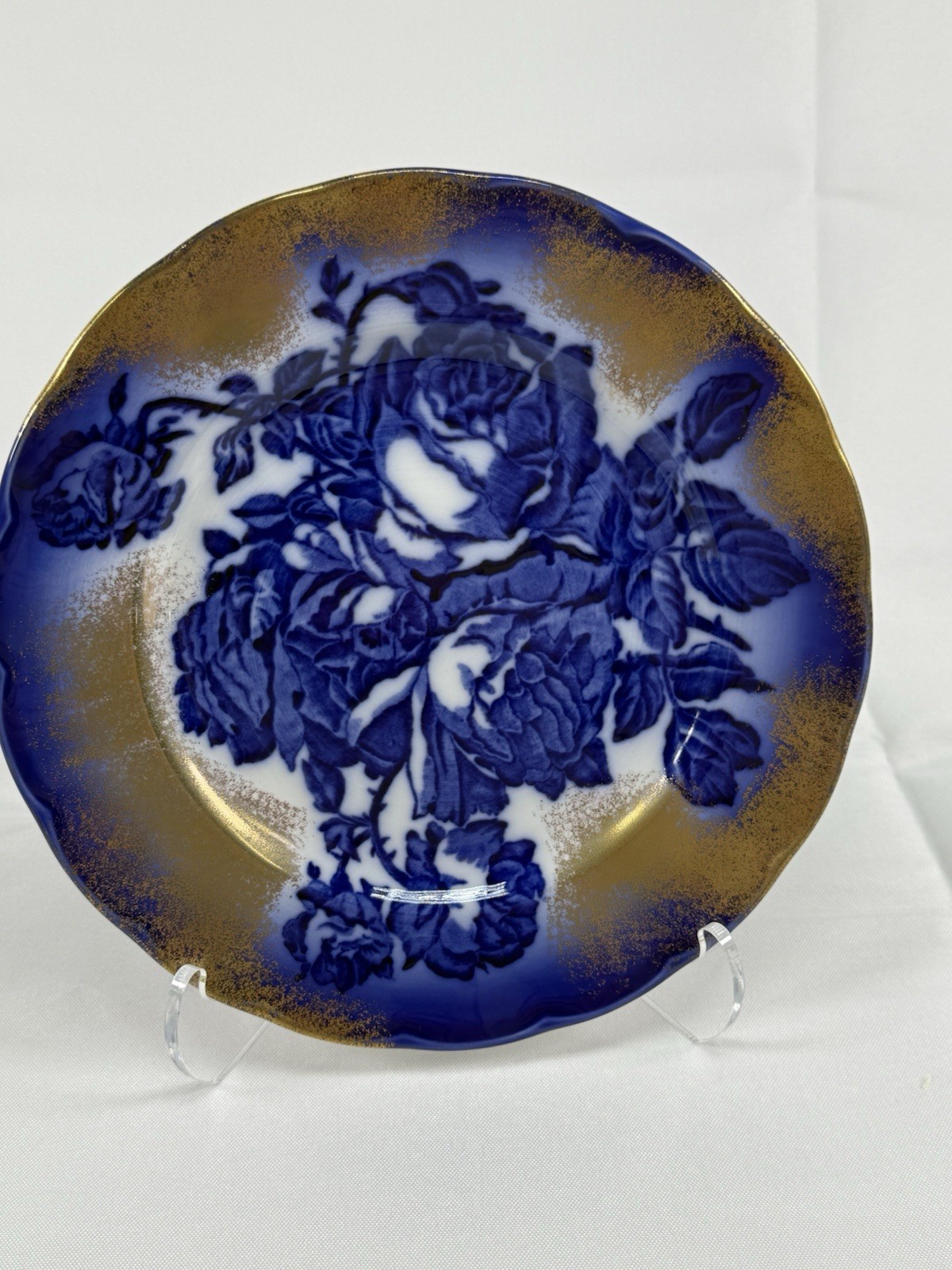 VTG Victoria Ironstone Flow Blue Rose Soup Bowl Staffordshire England 8 7/8″