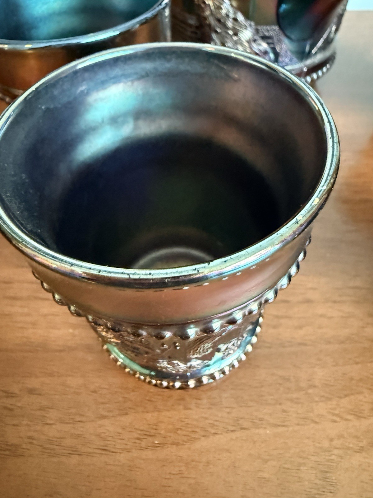 Antique Northwood Carnival Glass Peacock At The Fountain Pitcher & Tumblers Set