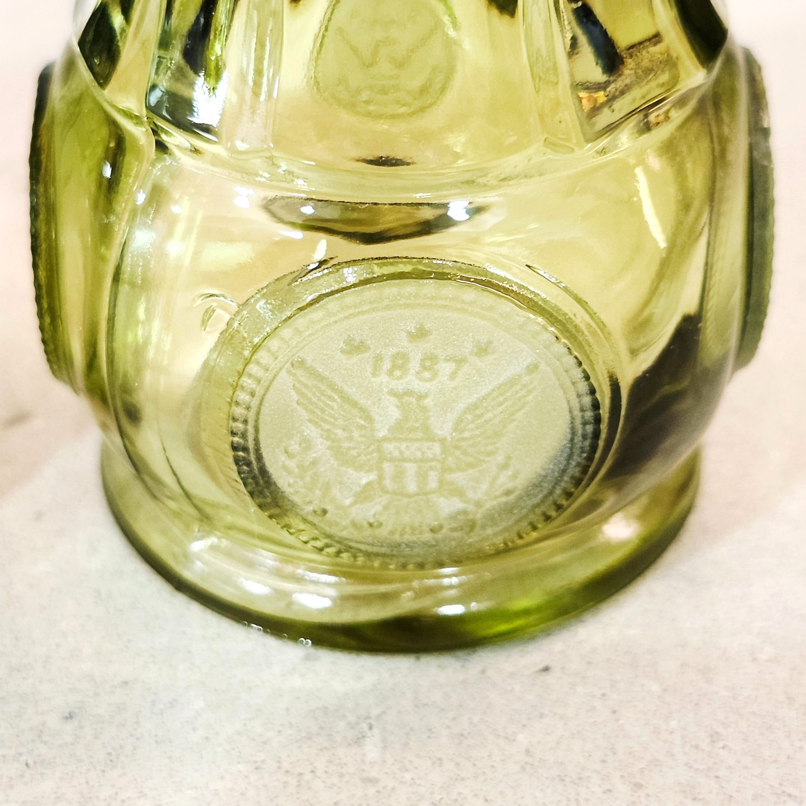 Vintage Fostoria Olive Green Glass Coin 3” Tall Salt & Pepper Shakers