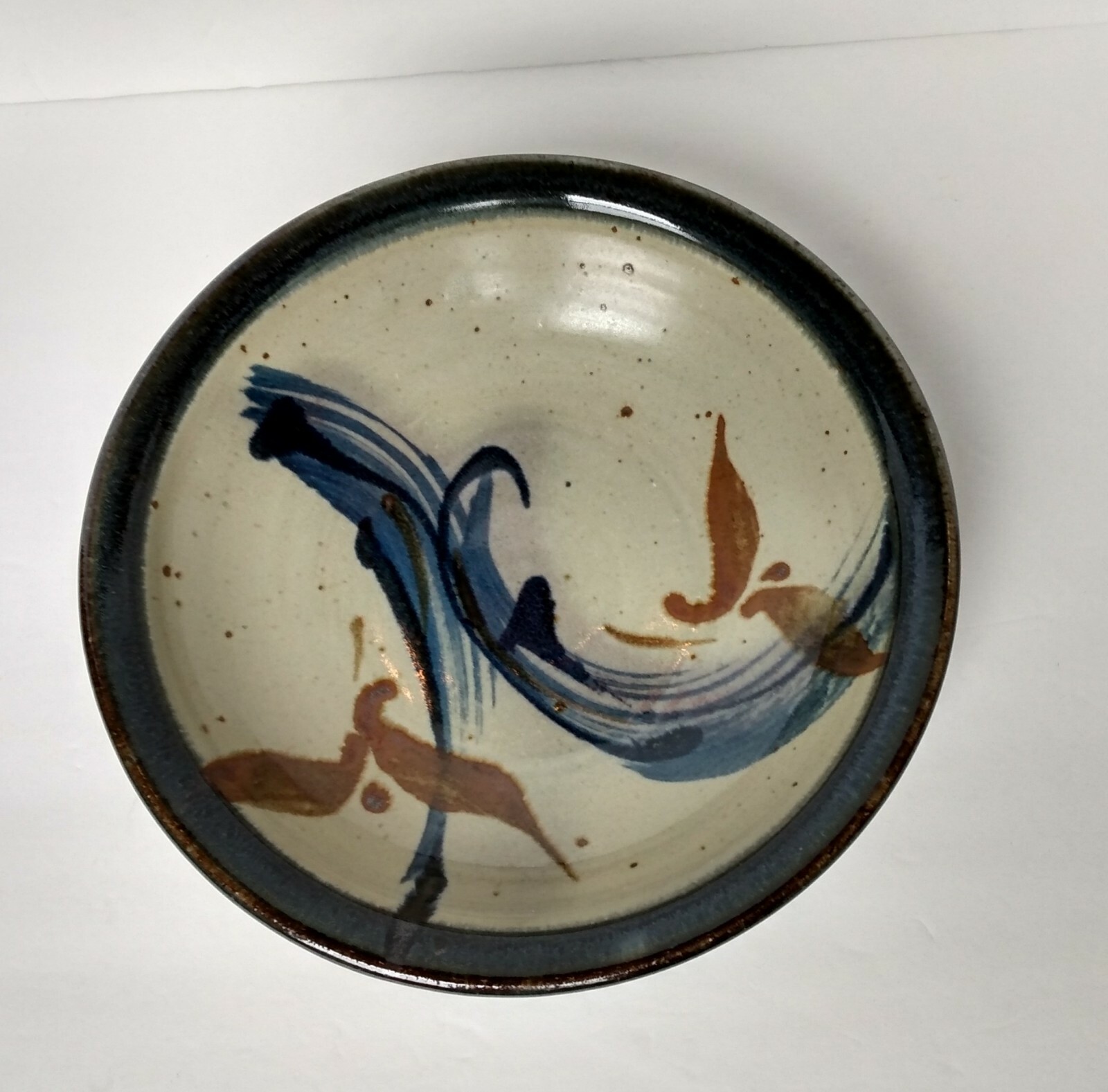Medium Ceramic Stoneware Earthenware Bowl Dish Plate Blue Brown Rustic, Signed