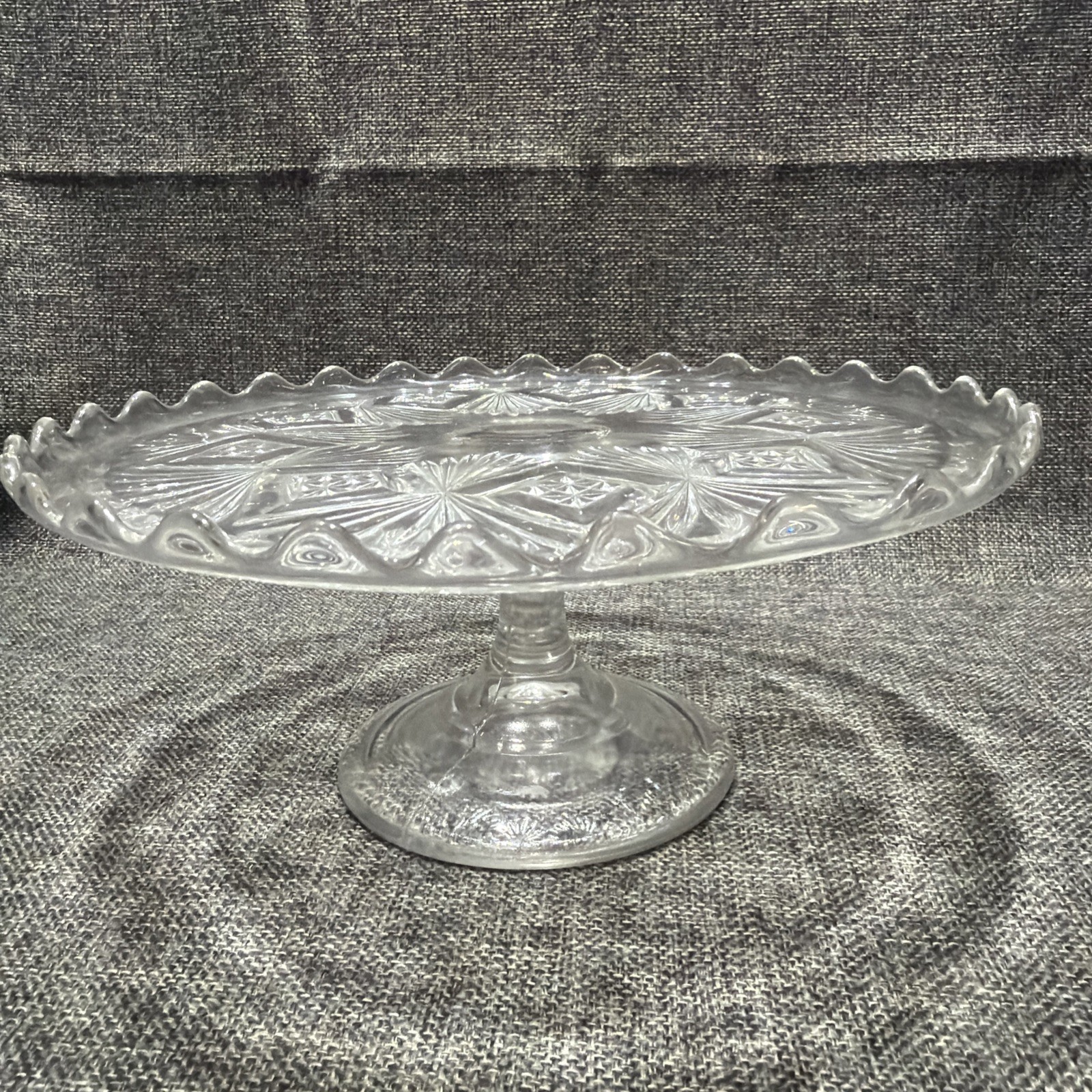 EAPG Bryce Higbee Melrose Cake Stand Sheaf and Diamond Clear Glass 1894 UV Glow