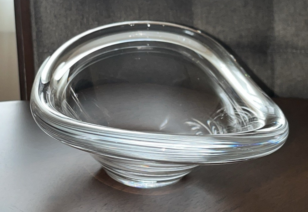 Scandinavian MCM Style Blown Glass Oblong Clear Bowl 13” X 7” X 2.5-3″