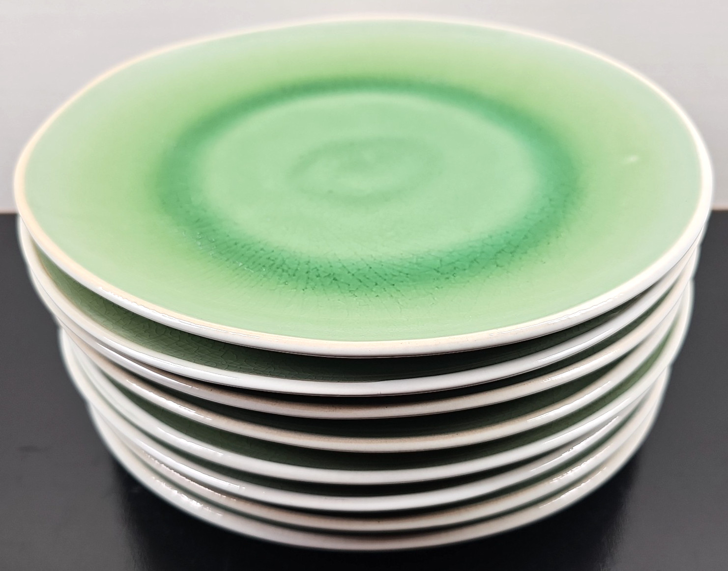 8 Roscher Crackle Glass Green Dinner Plates Set Elegant Stoneware Table Dish Lot