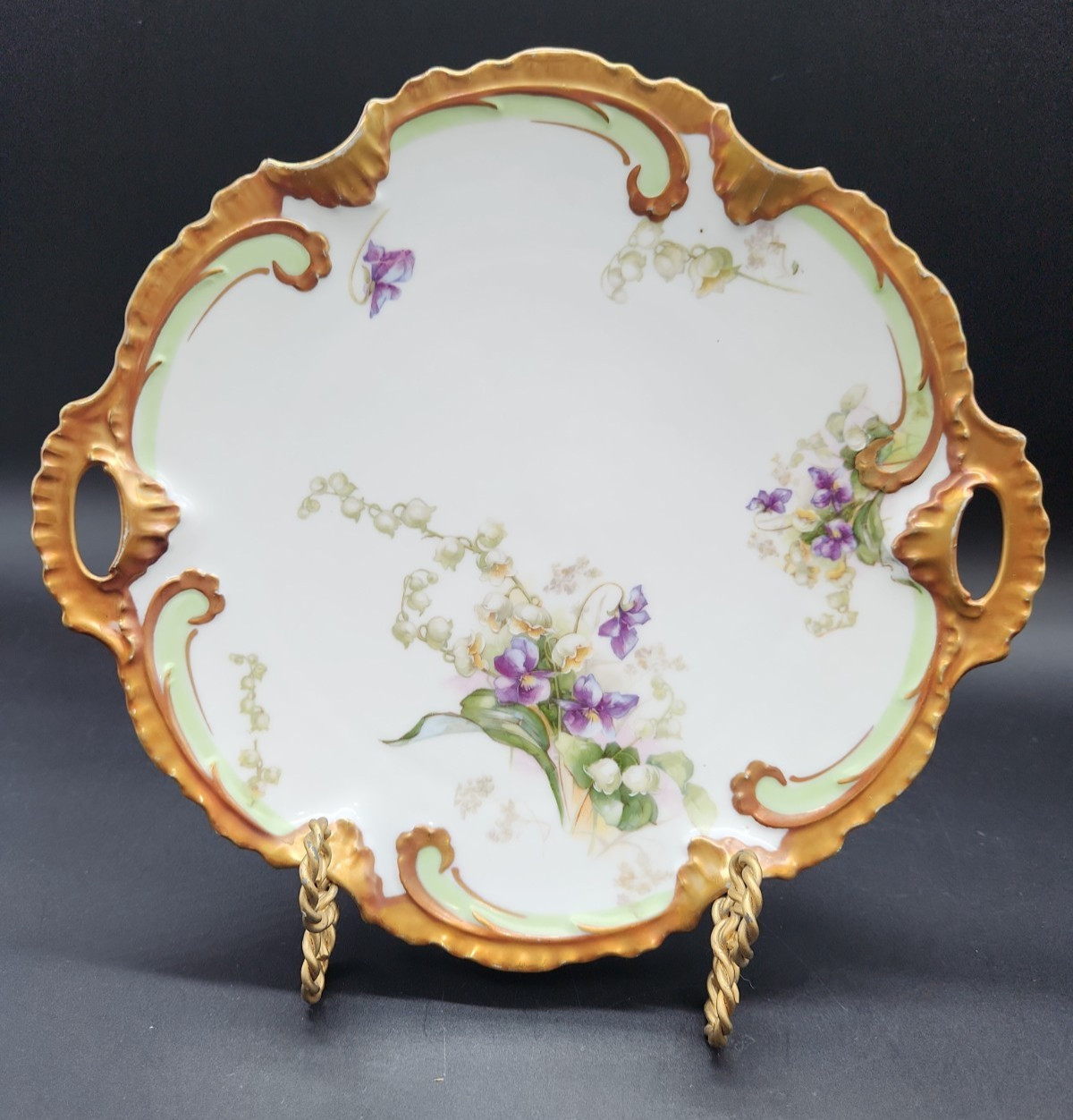 Limoges Hand Painted floral violets porcelain Cake Plate Tray Floral Gold 11”