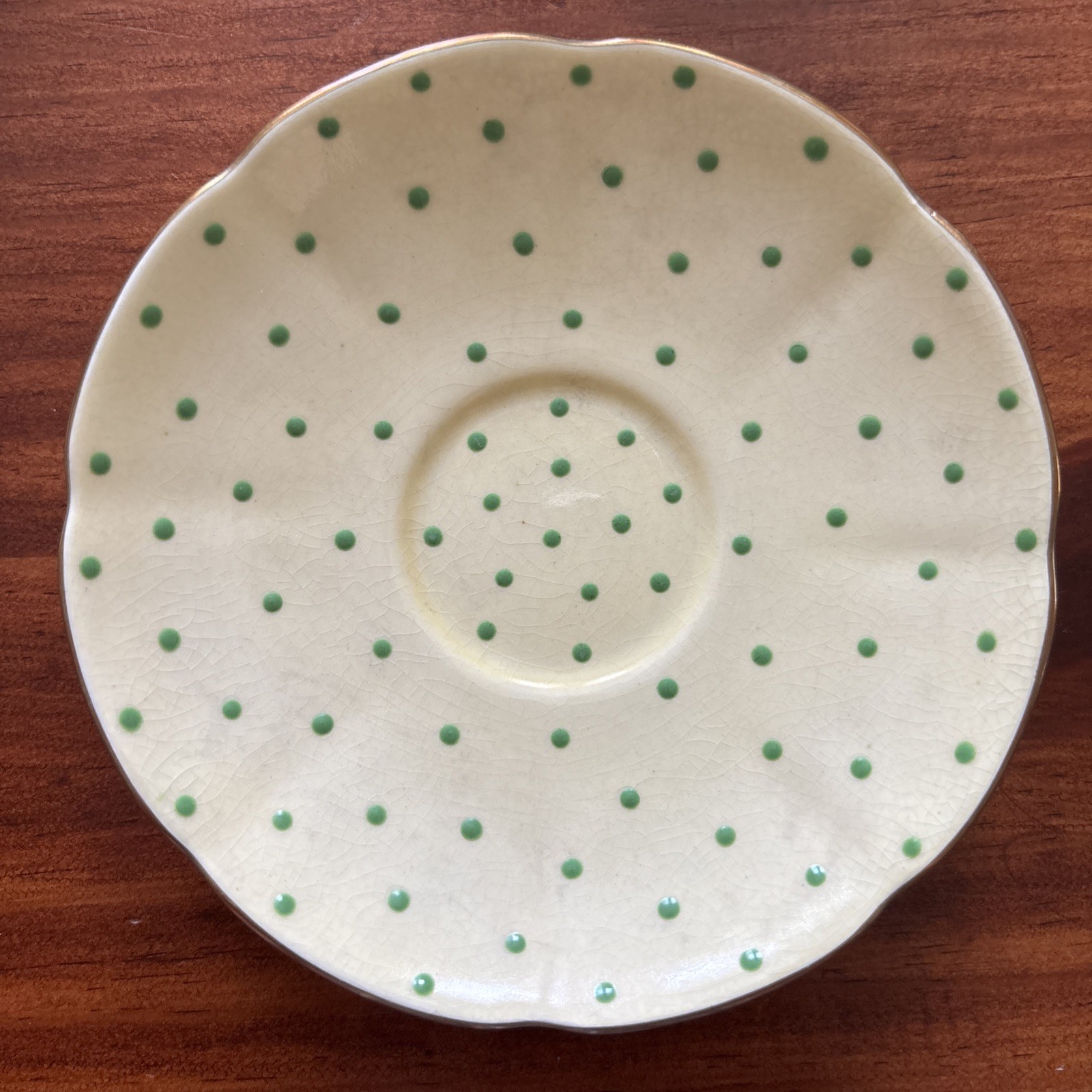 Carlton Ware Dematisse Hand painted Tea Cups/Saucers. Pale Yellow With Green Dot