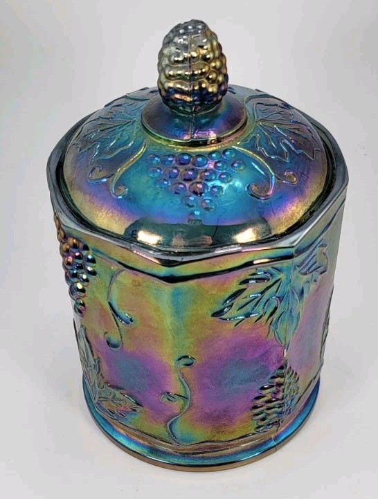 Vintage Indiana Blue Grape Harvest Carnival Glass Candy Canister Lid Chipped
