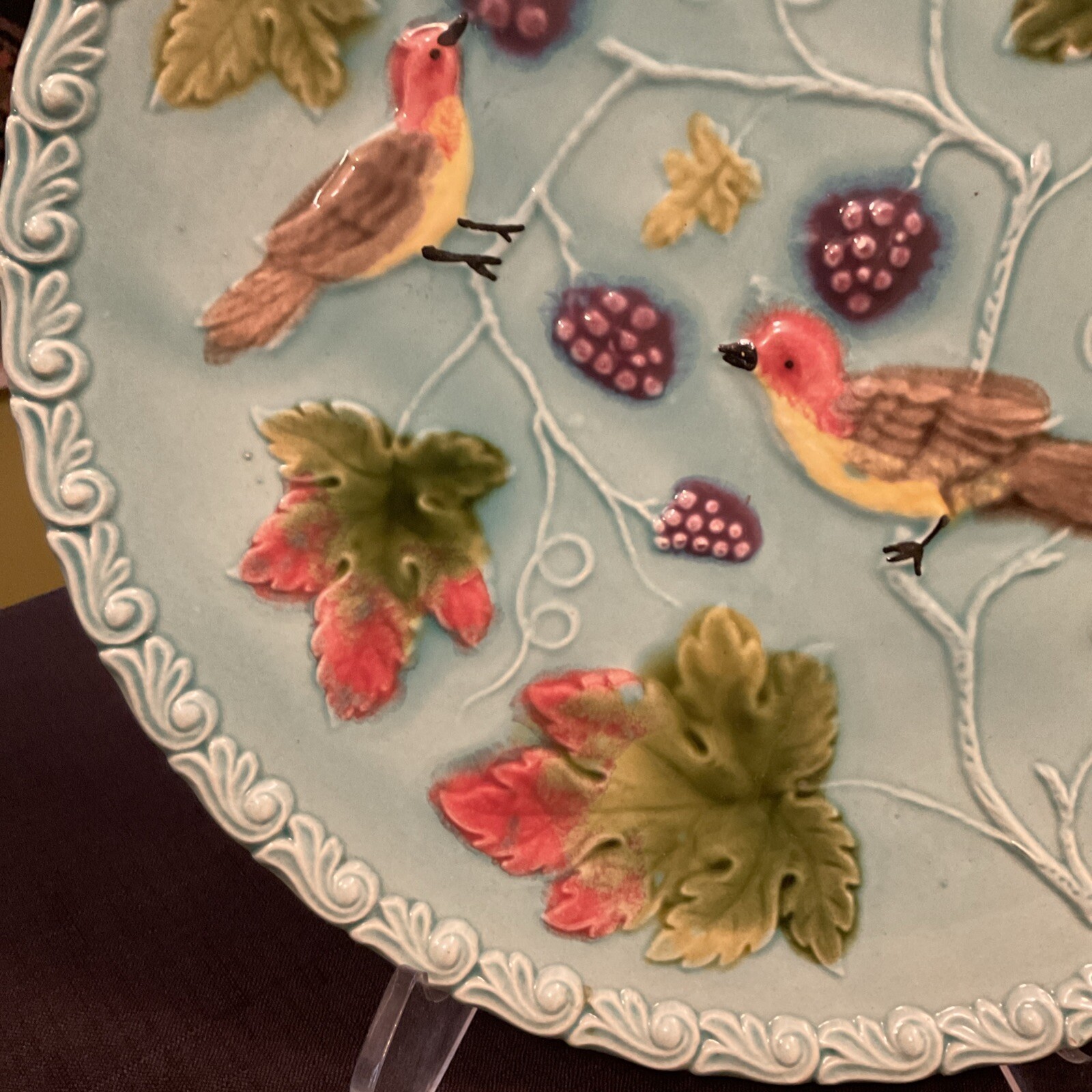 Vintage G S Zell Majolica 11” Birds Berries Grapevines Serving Platter