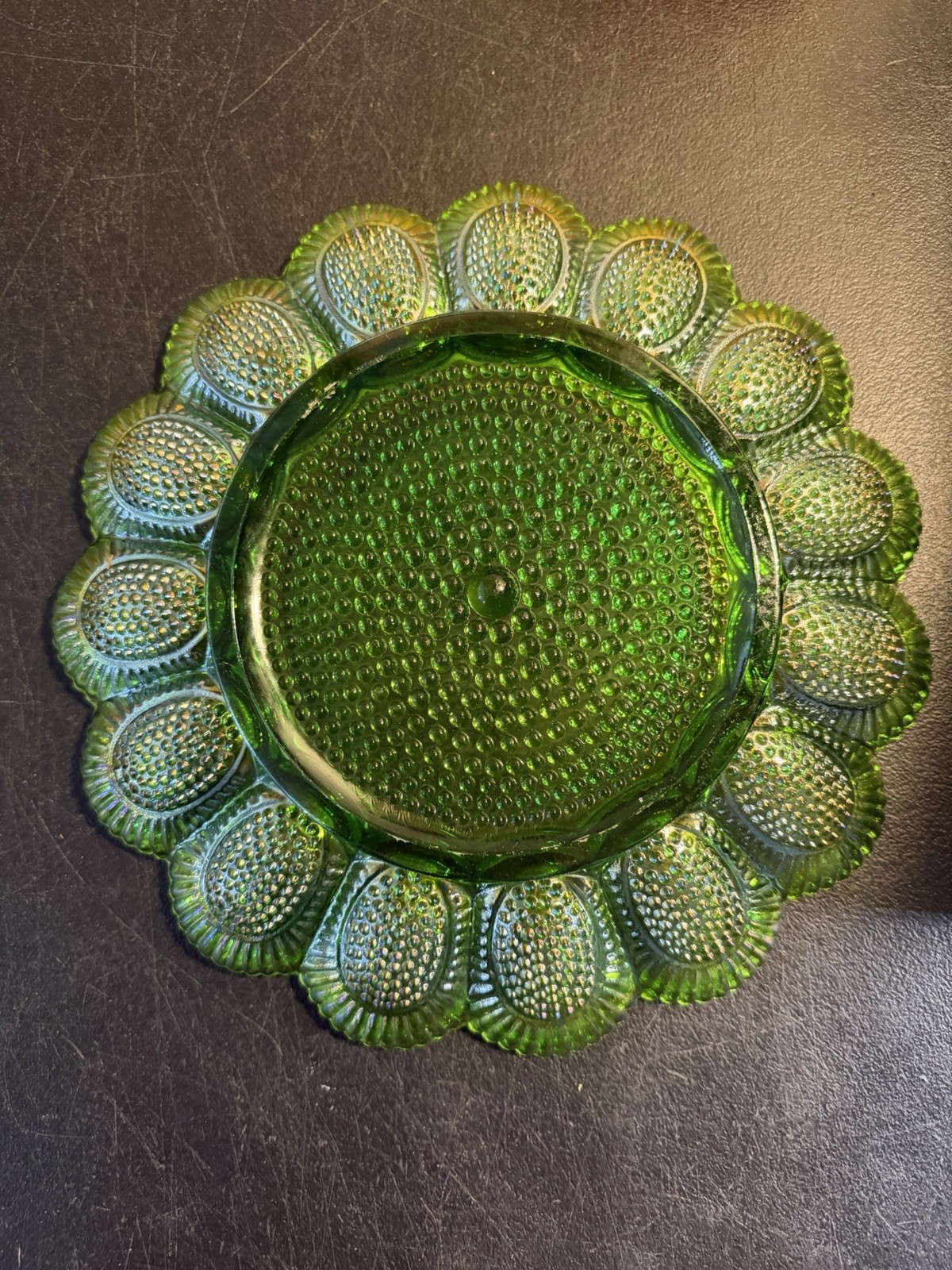 Vintage Indiana Glass Carnival Green Hobnail Egg Plate Iridescent