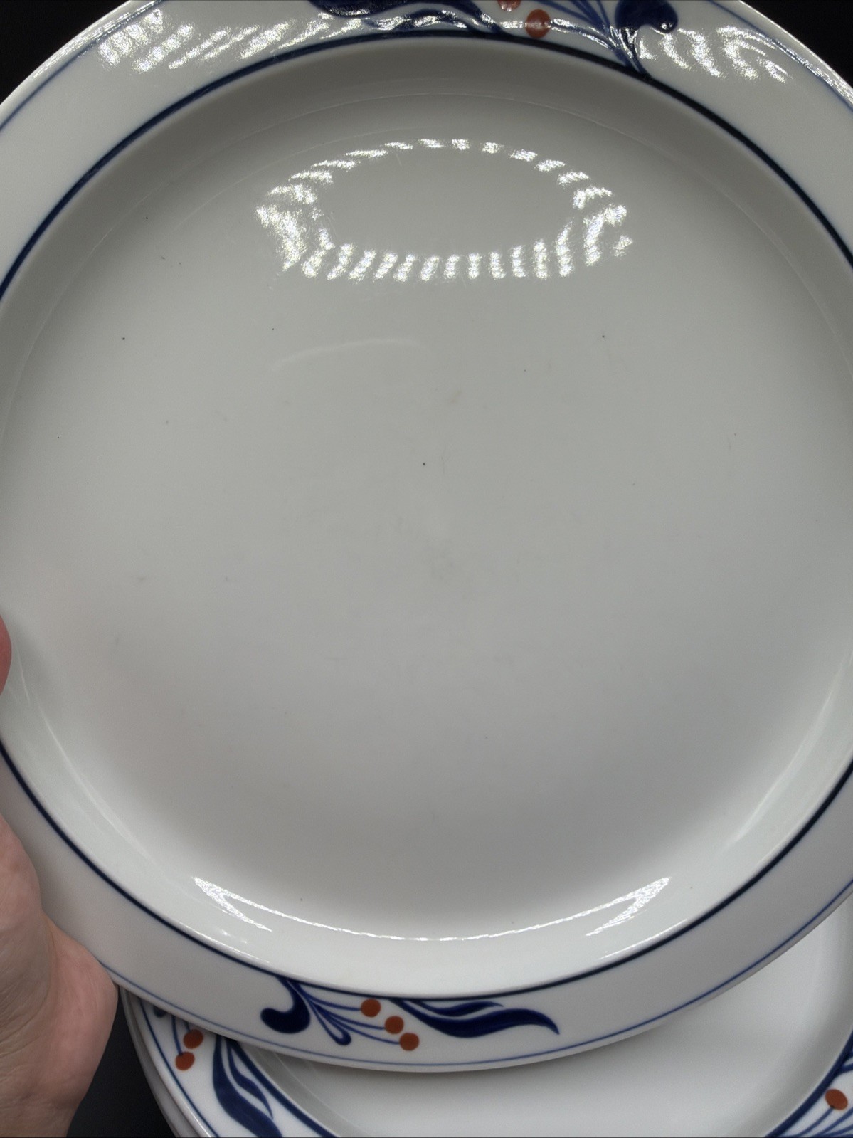 8 Dansk Bistro Maribo 10 3/8″ Dinner Plates Japan DANMAR Red Berries on Rim Blue