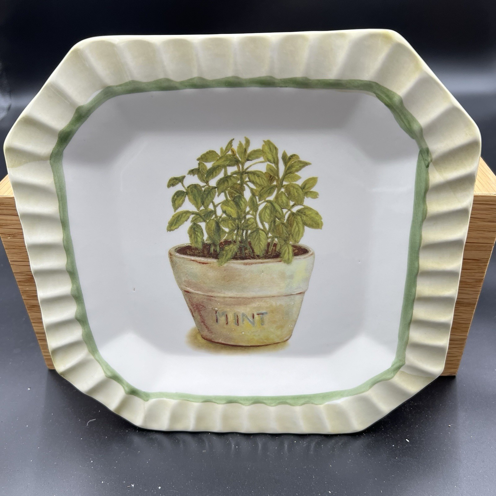 Vintage Ceramica Due Torri Mint Herb Plate Square 9” Italy Set of 2