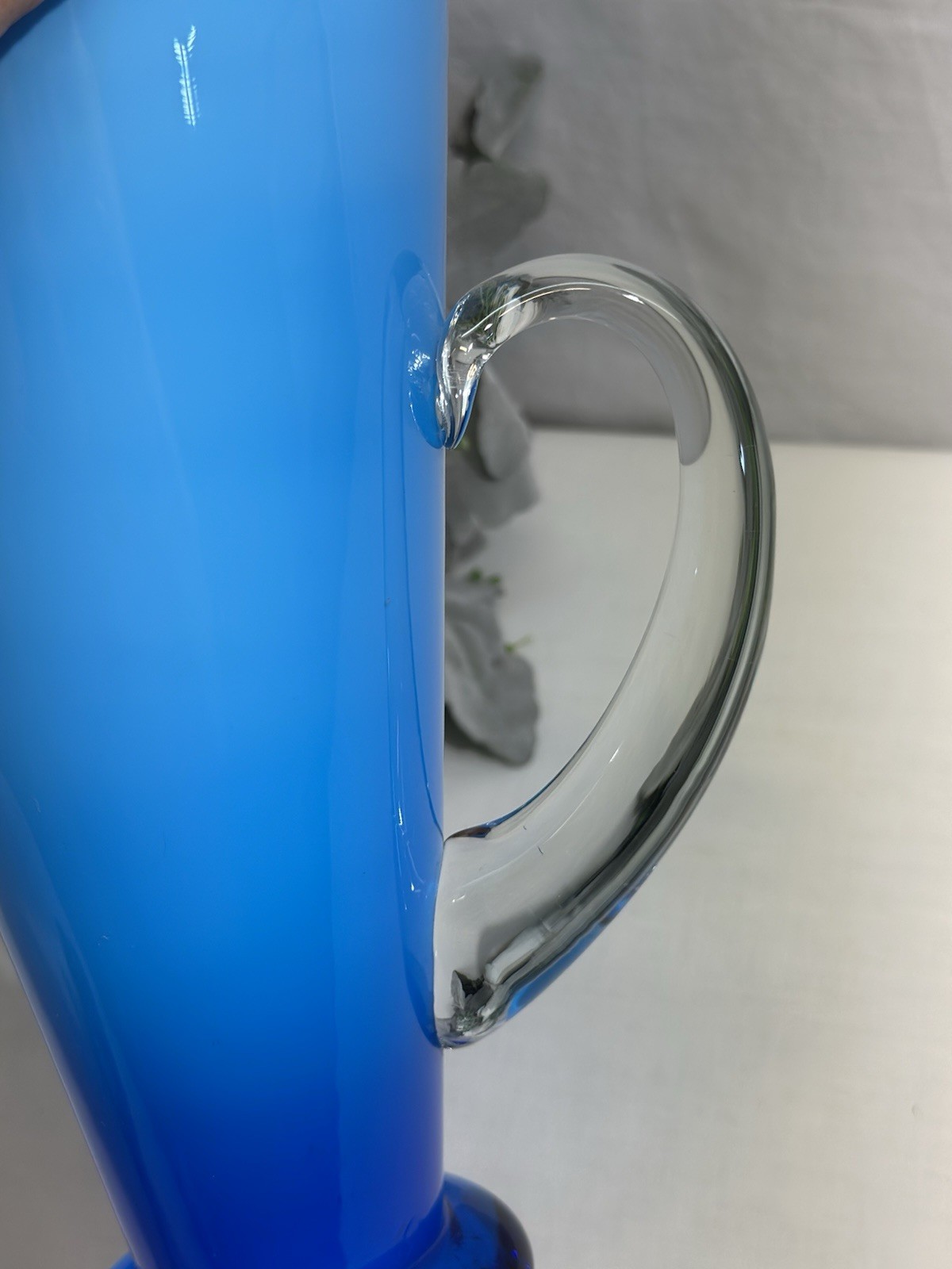 Vintage Gorgeous Italian Pitcher Blown Art Glass Ombré Blue Clear Handle 9.25”