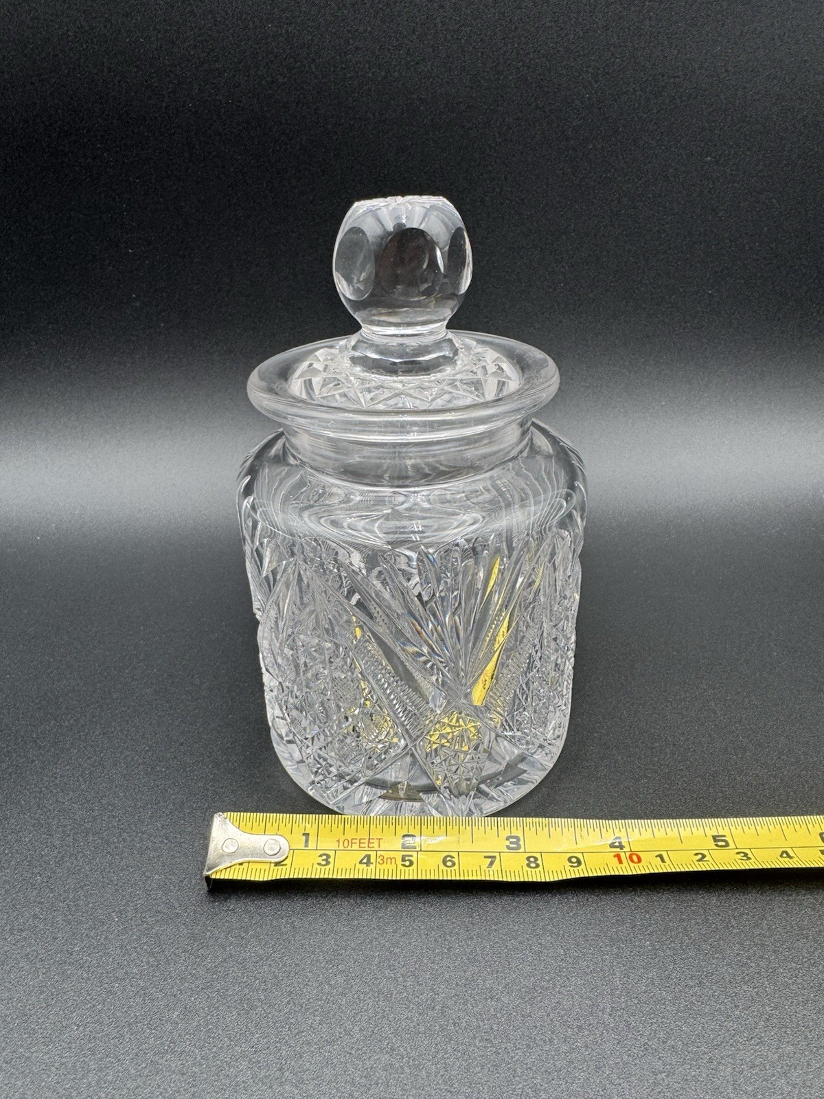 American Brilliant Period Style Cut Glass Crystal Biscuit Jar Hobstar Lidded